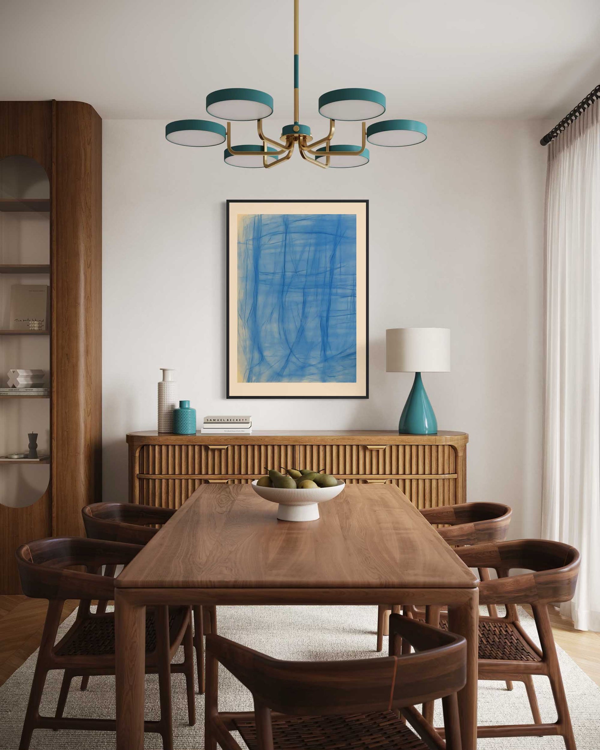 Dining room with wooden table, chairs, and a blue abstract painting on the wall.