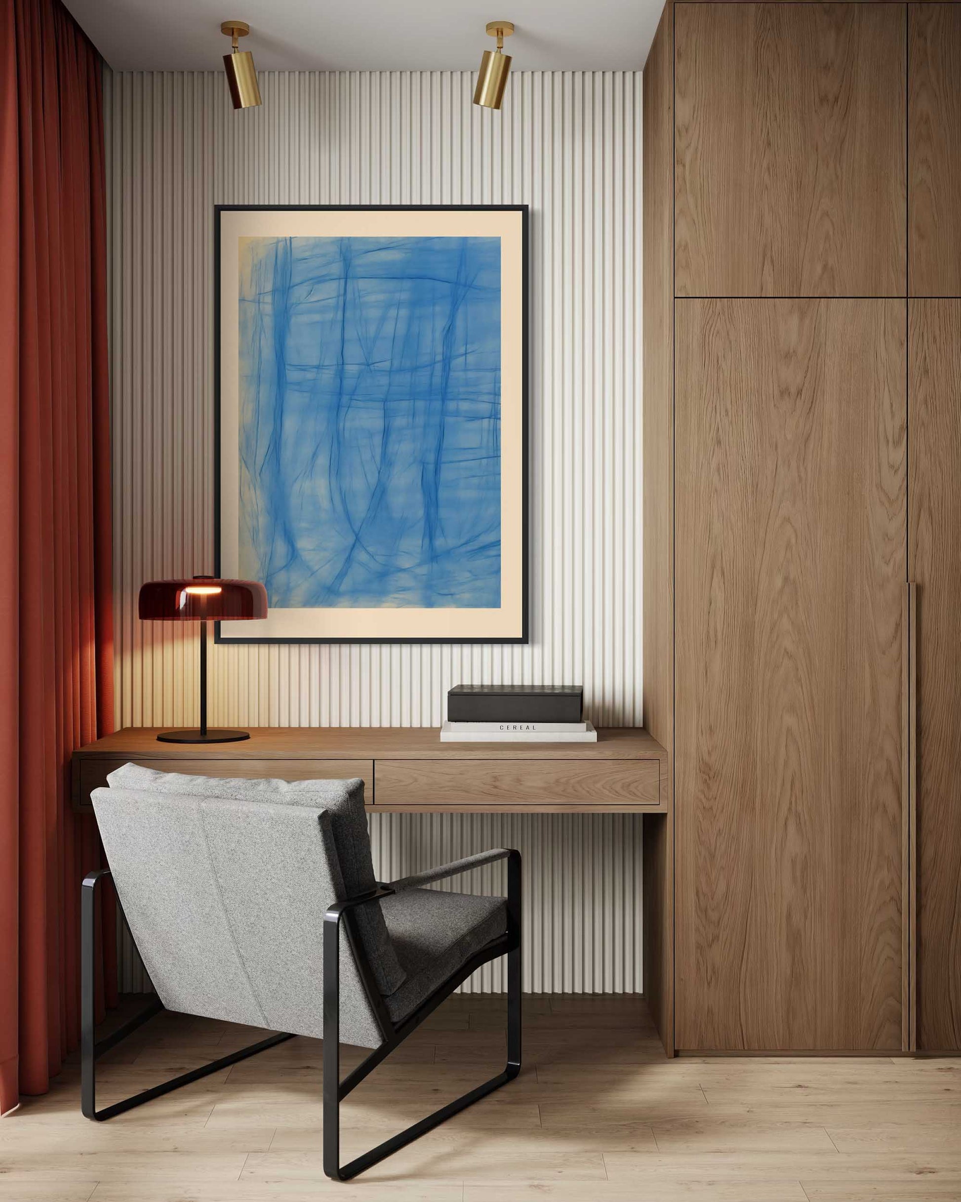 Modern home office with wooden desk, chair, and abstract art on wall.