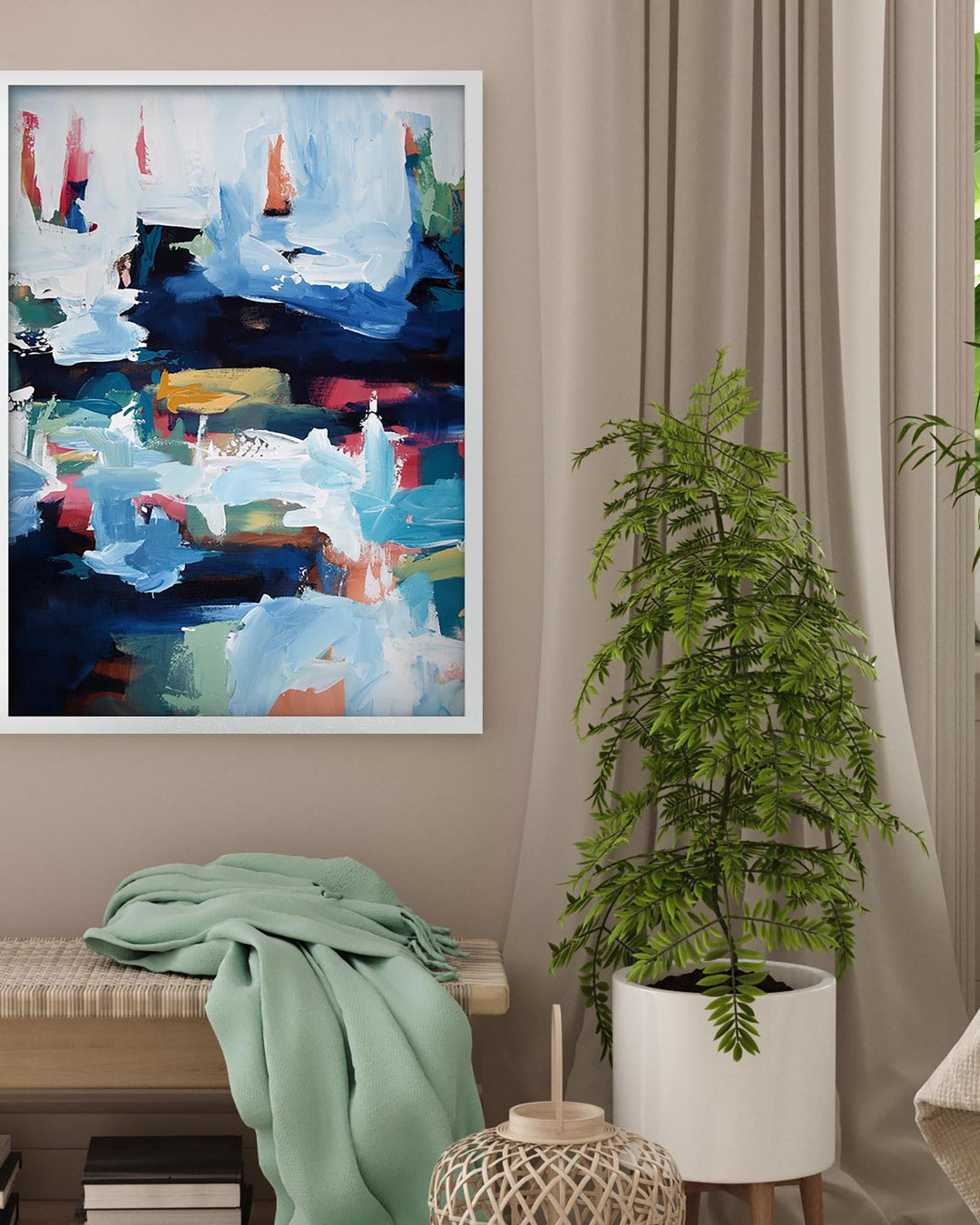 Abstract painting on a wall with a plant and bench in a room.