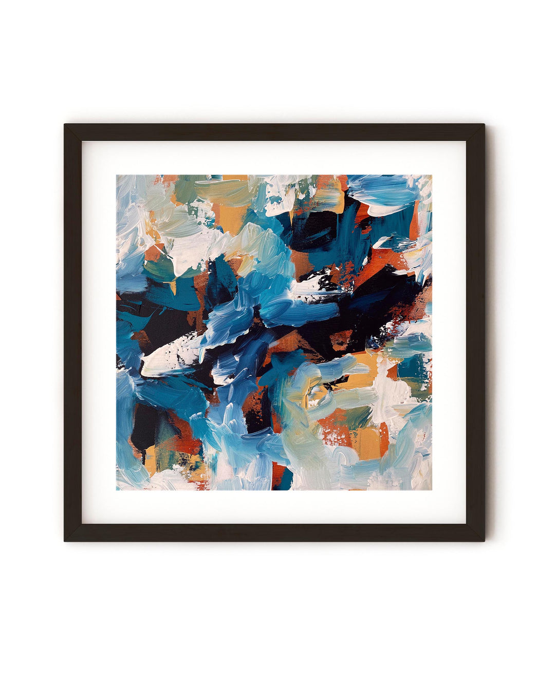 A framed abstract painting with a blue color palette and earthy tones, featuring expressive brushstrokes.