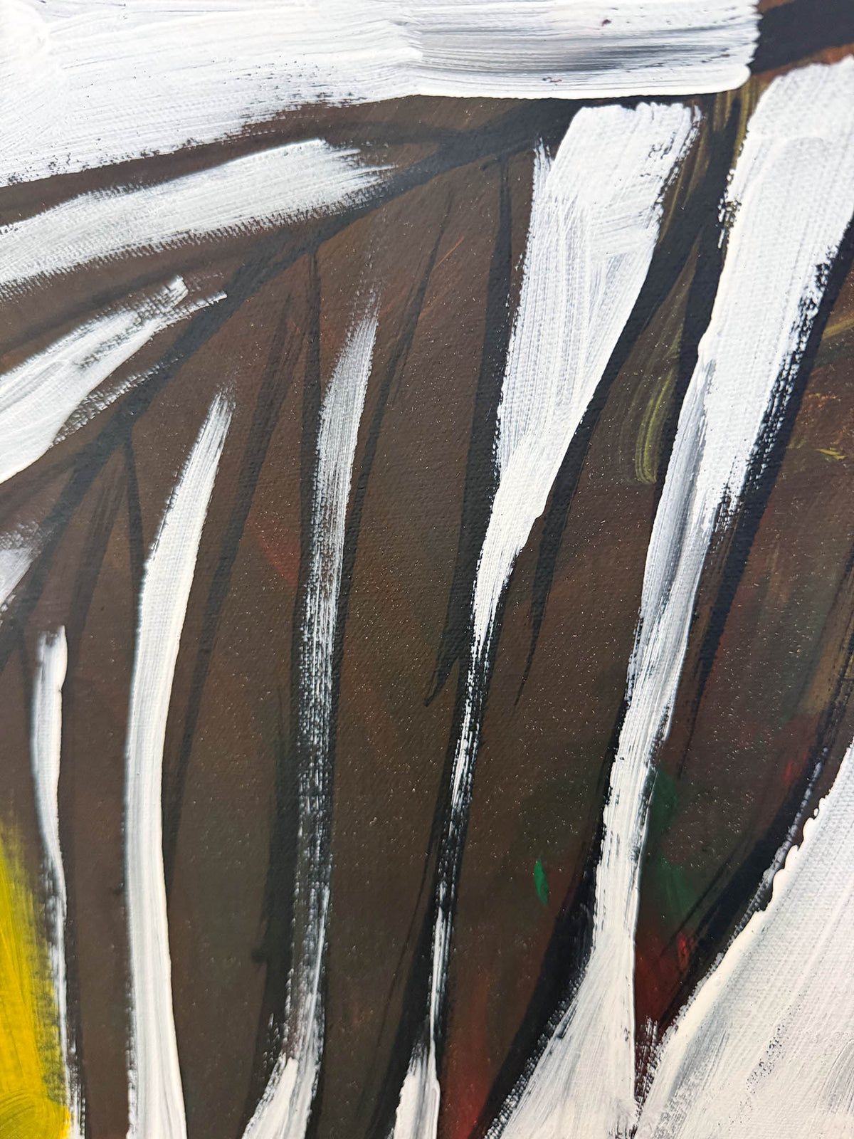 Abstract painting with thick vertical brushstrokes in dark brown, white, black, and small areas of yellow and green.
