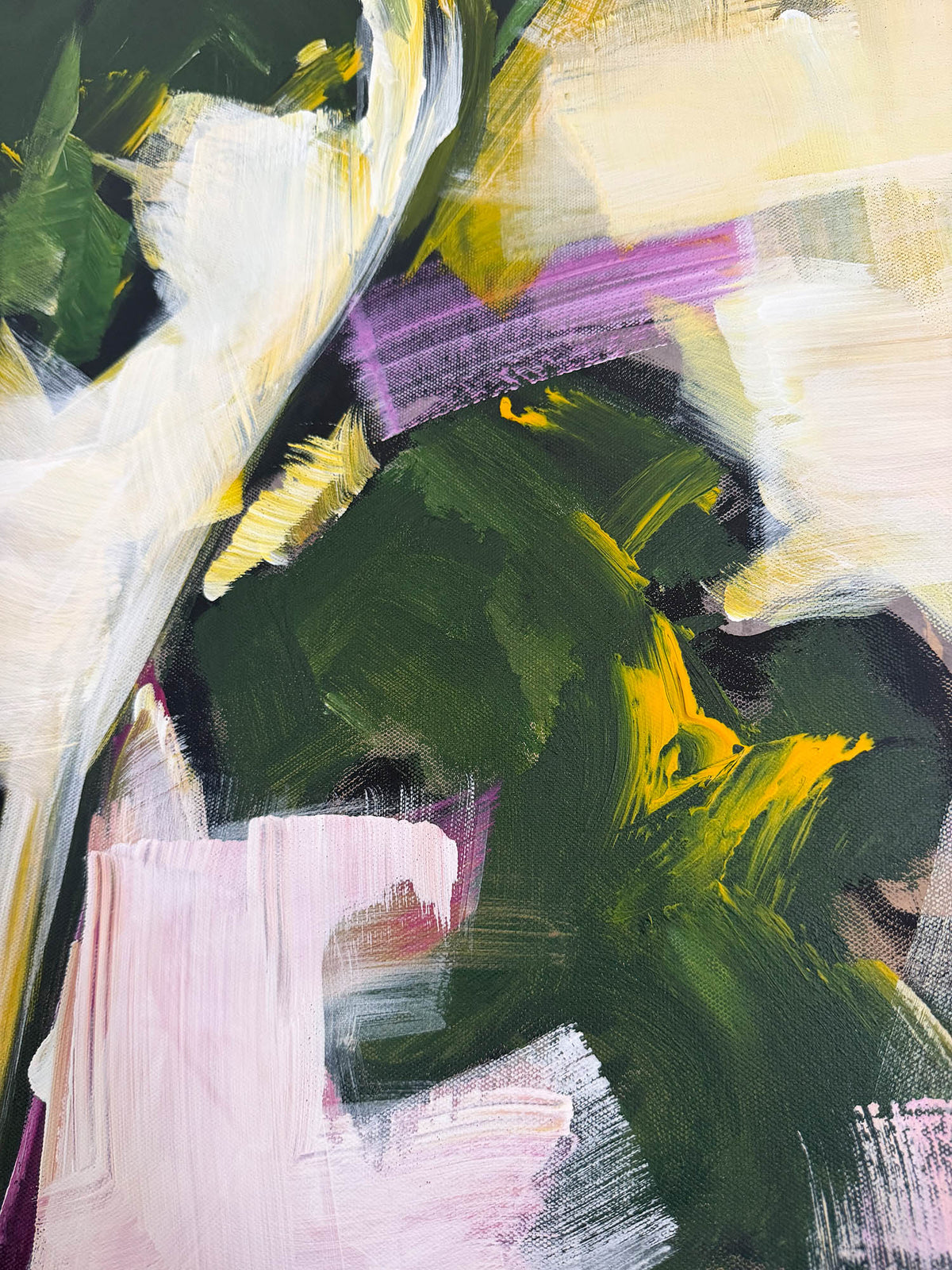 Abstract floral painting with expressive brushstrokes in deep green, white, soft pink, yellow, and purple.