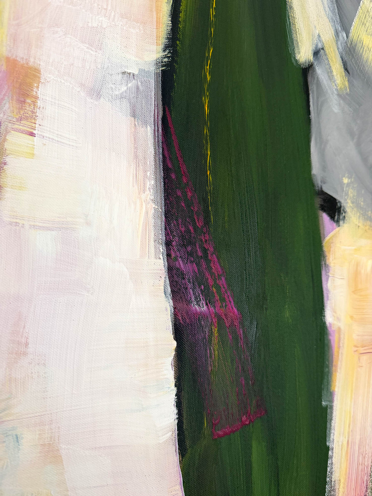 Abstract painting with broad vertical brushstrokes in deep green, soft blush pink, pale gray, cream, and magenta accents.