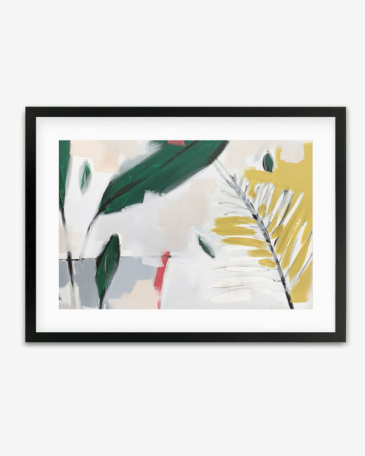 A framed art piece featuring abstract botanical elements with bold colors, predominantly green and yellow, on a white background.