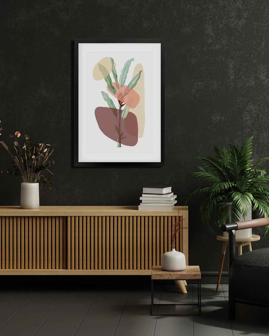 Framed abstract art print on a dark wall above a wooden cabinet with decorative items.