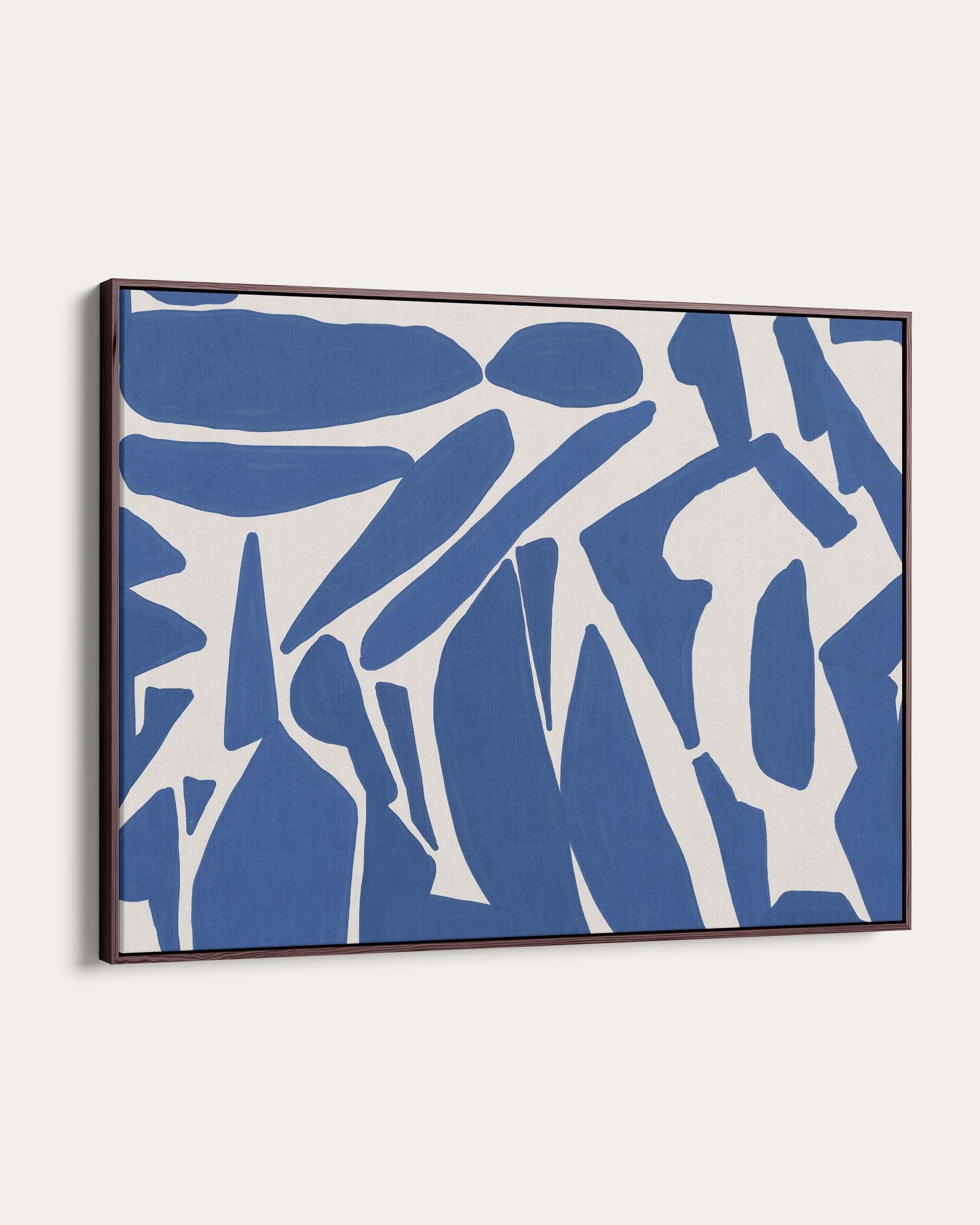 Abstract art piece with blue and white shapes on a white background