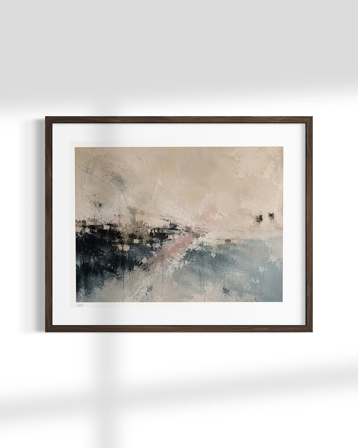 Framed abstract wall art hanging on a white wall, featuring a dark brown wood frame, white mat, and an abstract painting with beige, gray, blue, and soft pink tones.