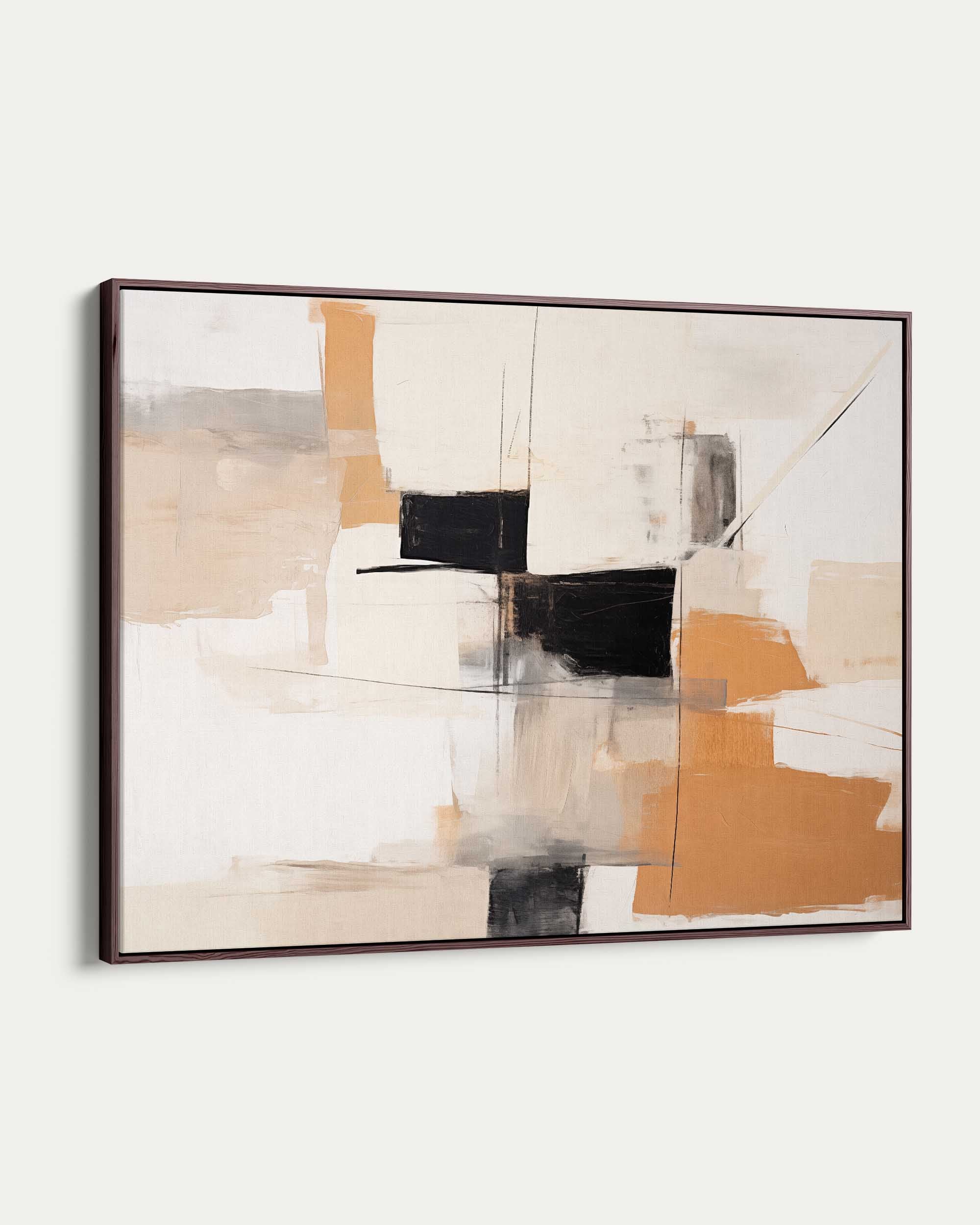 Abstract art piece with geometric shapes in black, white, and orange on a white wall.