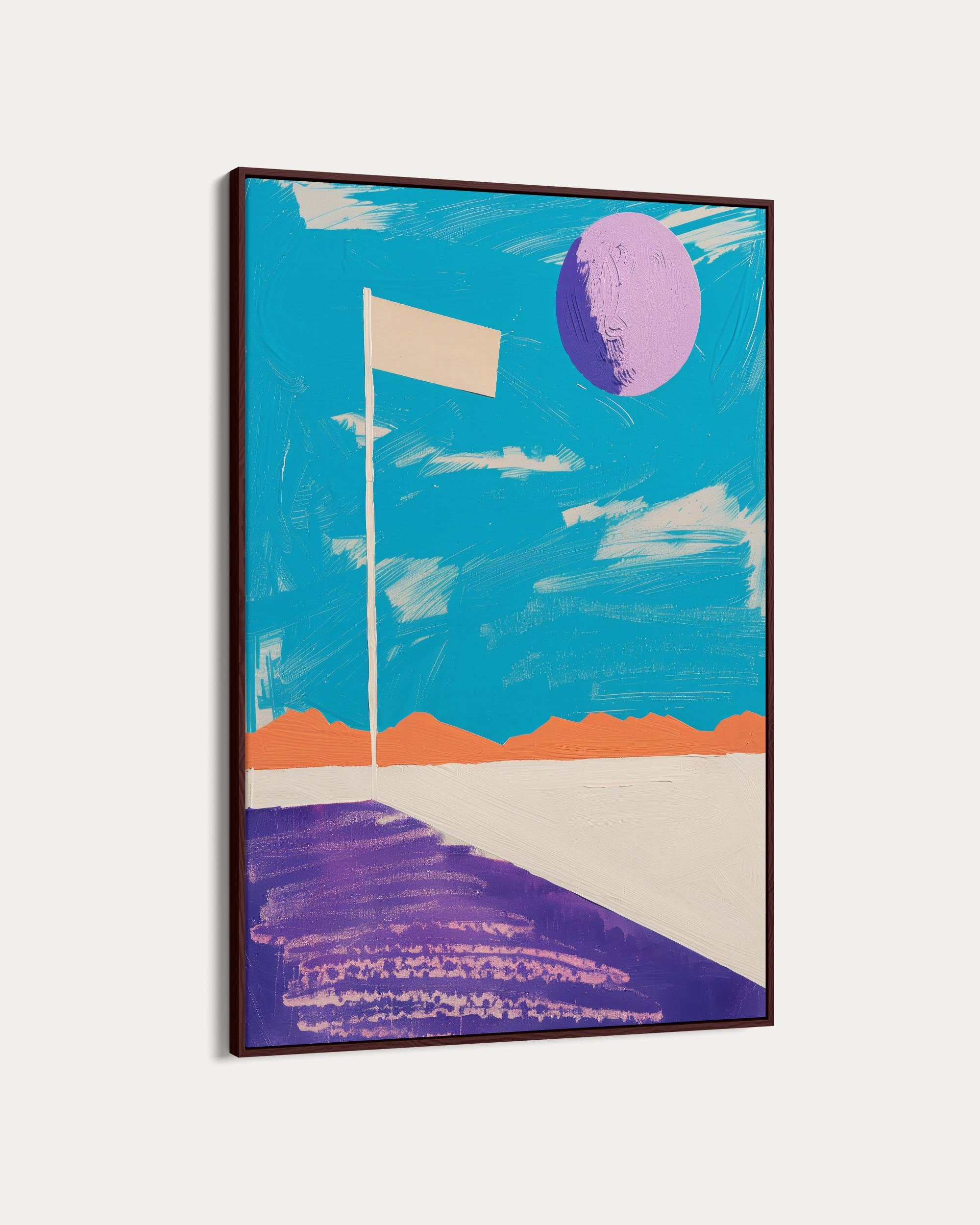 Abstract artwork with a flag, purple moon, and landscape on a blue sky background