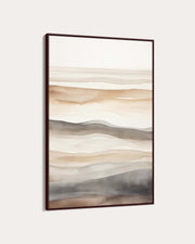 Abstract landscape painting with wavy lines in neutral colors on a white wall.