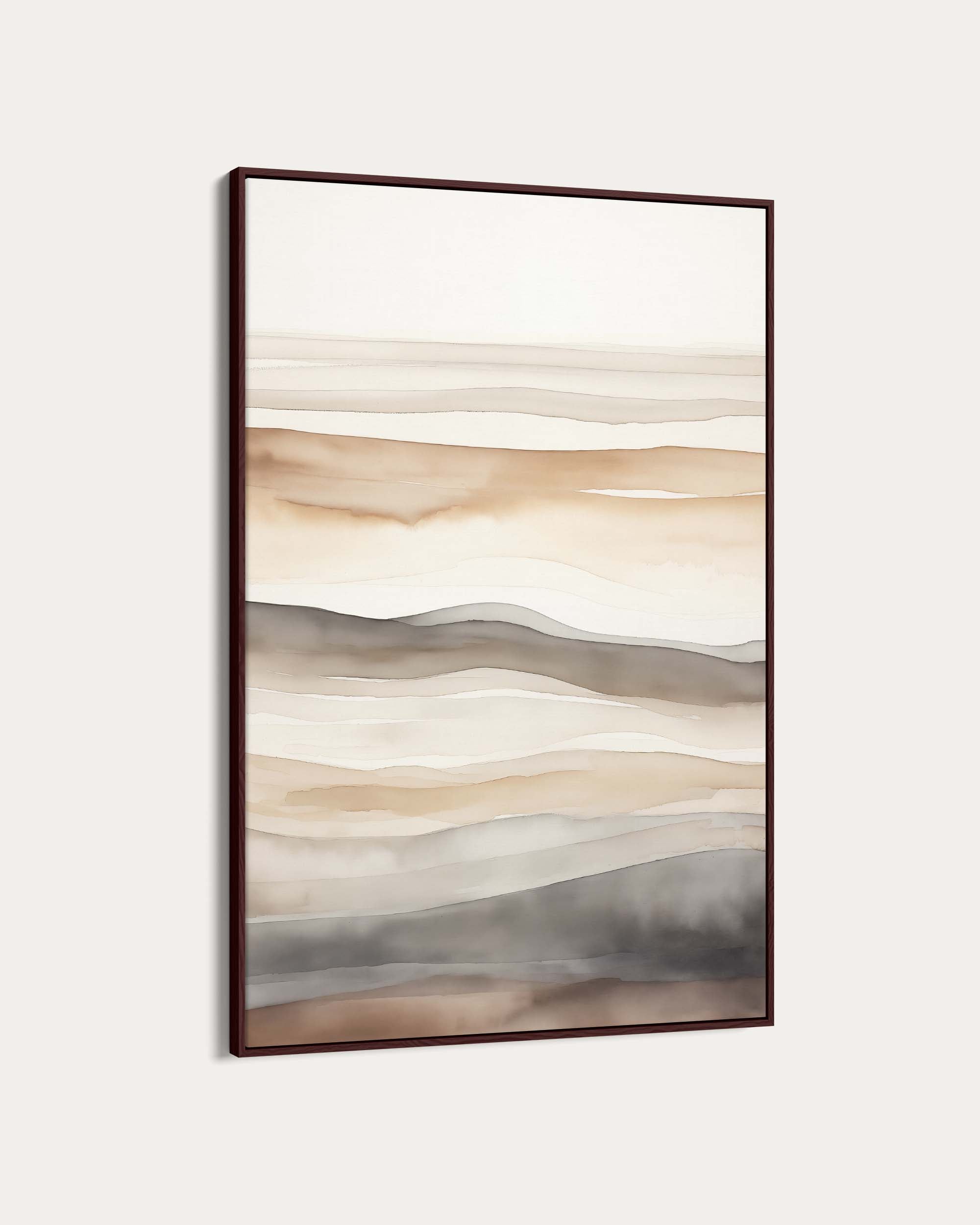 Abstract landscape painting with wavy lines in neutral colors on a white wall.