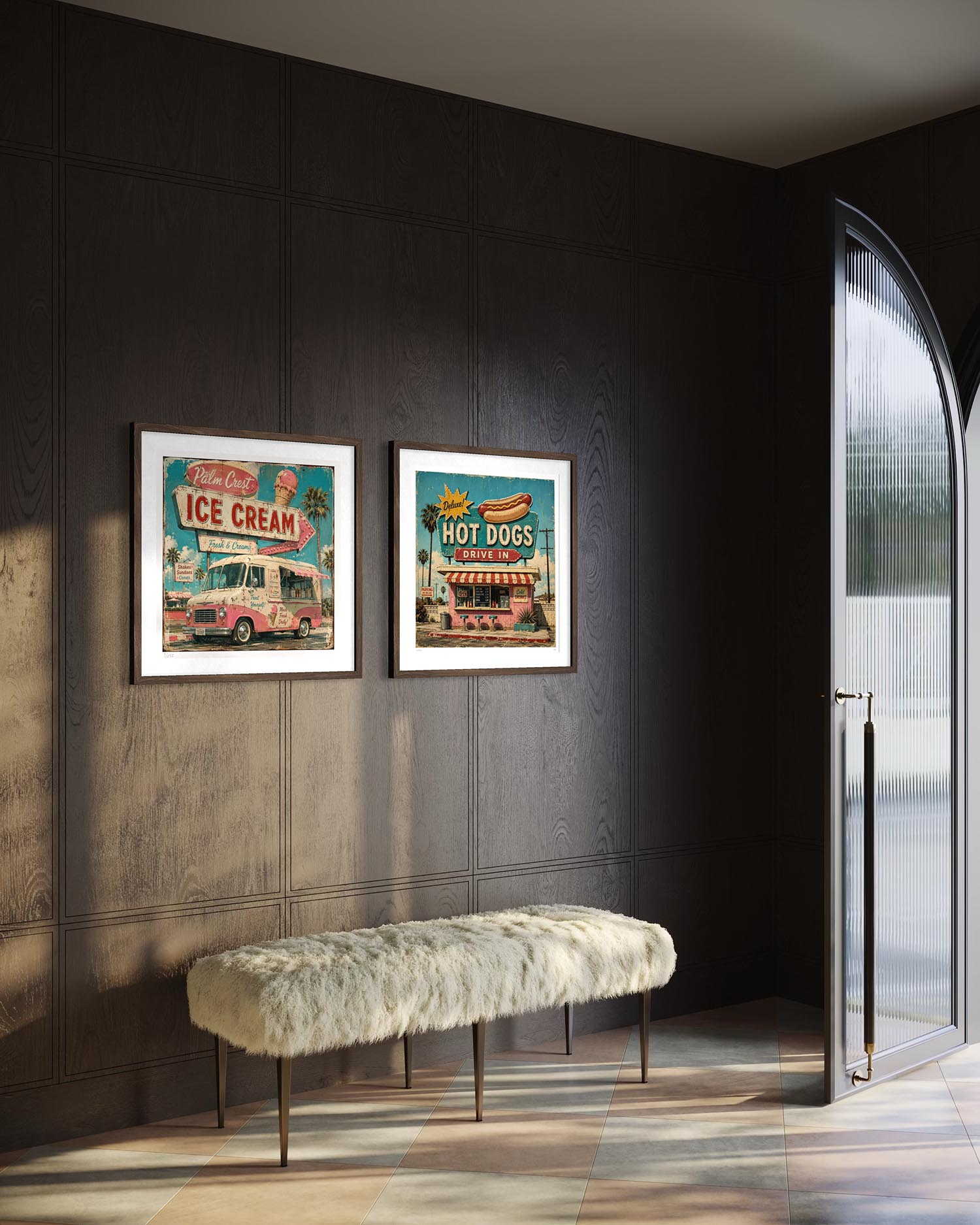 Two framed vintage-style wall art prints hang on a dark wood-paneled wall above a white faux-fur bench. The left print reads 'ICE CREAM' with a retro truck, and the right print reads 'HOT DOGS' with a storefront scene.