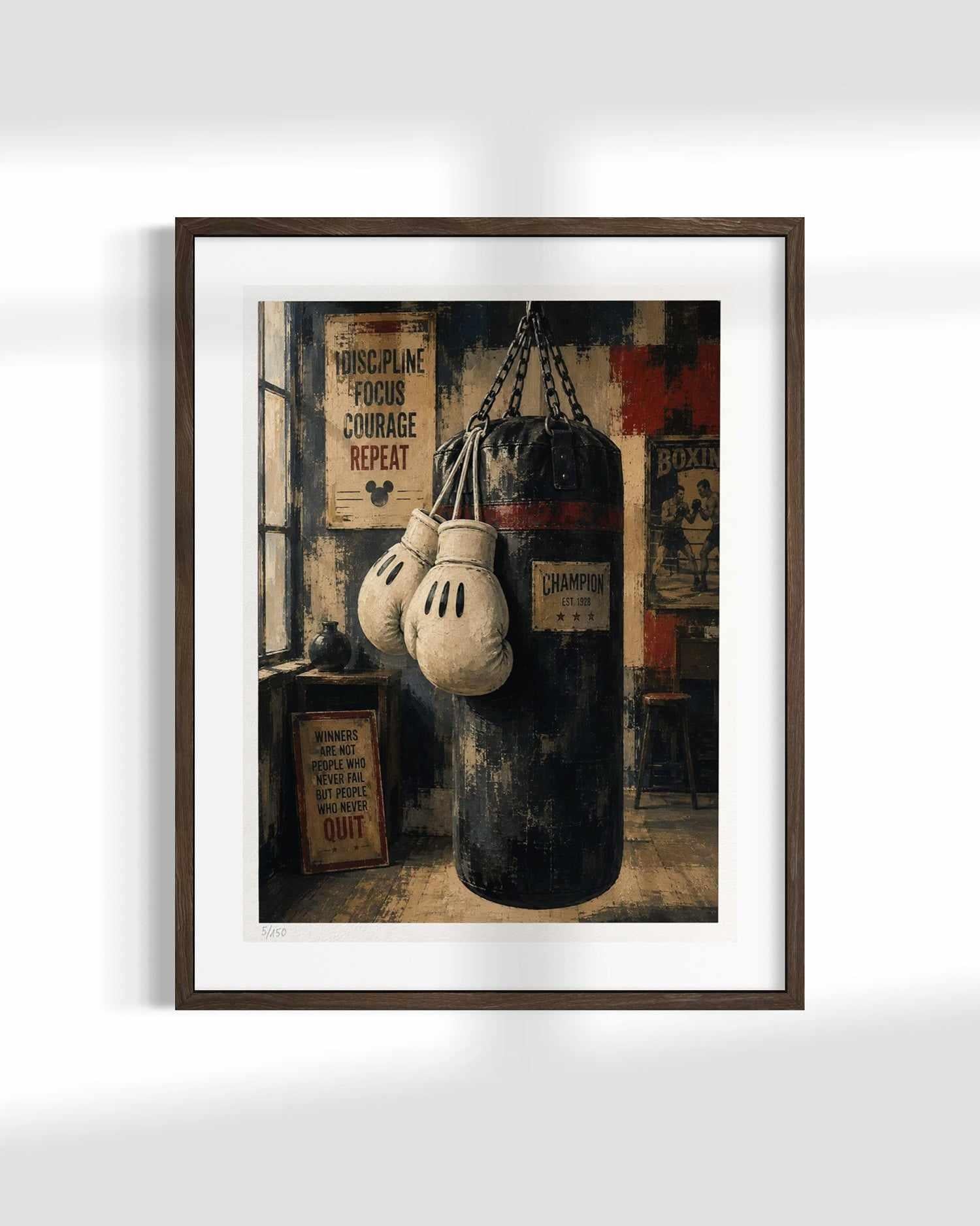 Framed wall art featuring a vintage boxing scene with a hanging punching bag, boxing gloves, and posters, shown in a dark wood frame against a light gray wall.