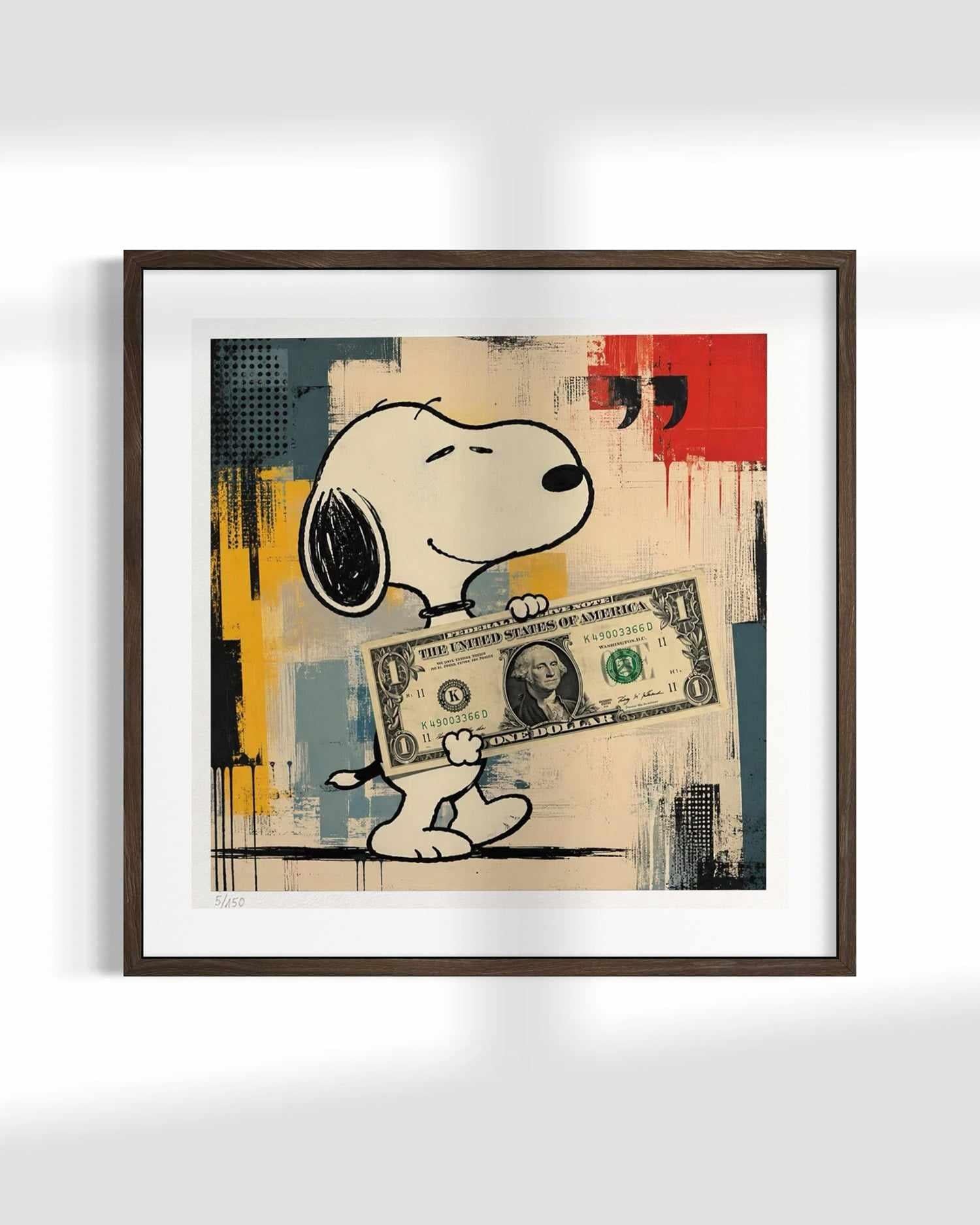 Framed wall art featuring a stylized cartoon dog holding a U.S.