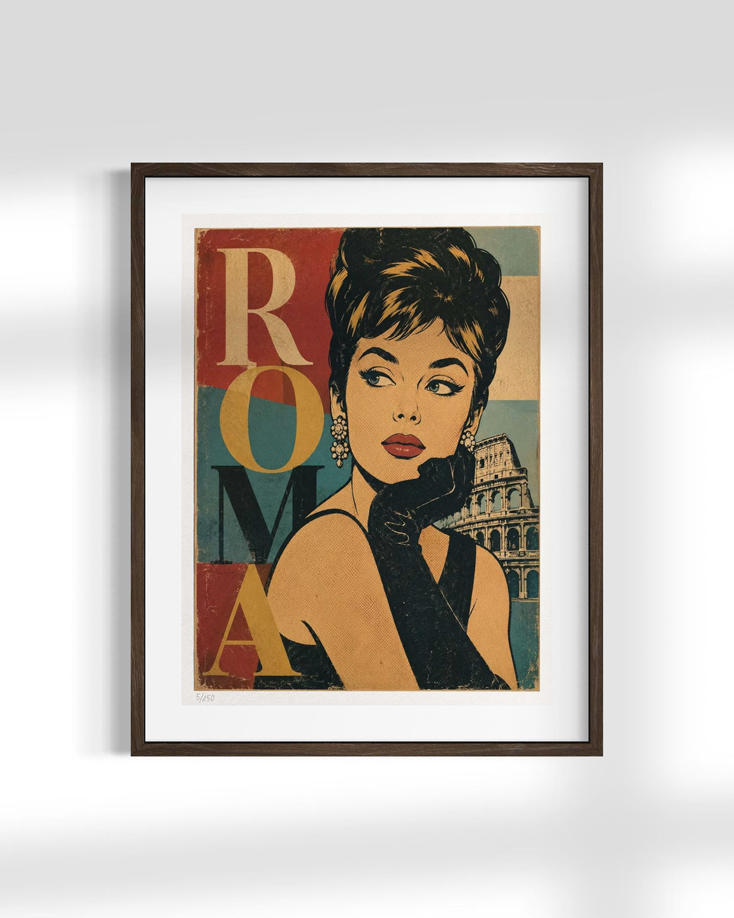 A framed art print featuring a stylized portrait of a woman with the word 'ROMA' and an illustration of the Colosseum, displayed on a light gray wall.