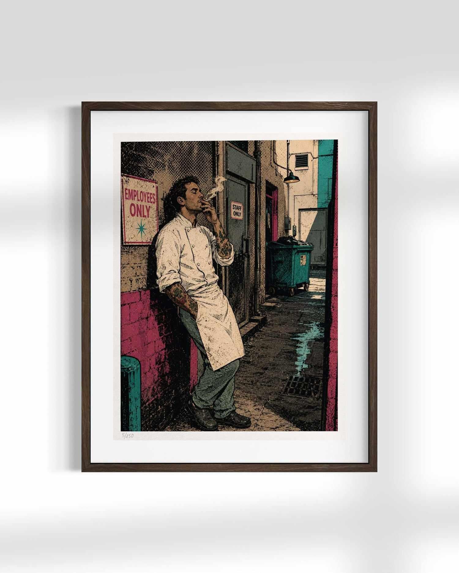 A framed art print featuring a vintage-style illustration of a man in a white apron leaning against a wall in a narrow alley, with a pink sign that reads 'EMPLOYEE ONLY'. The print is framed in a dark brown frame with a white mat, shown against a light gray wall with soft shadows.