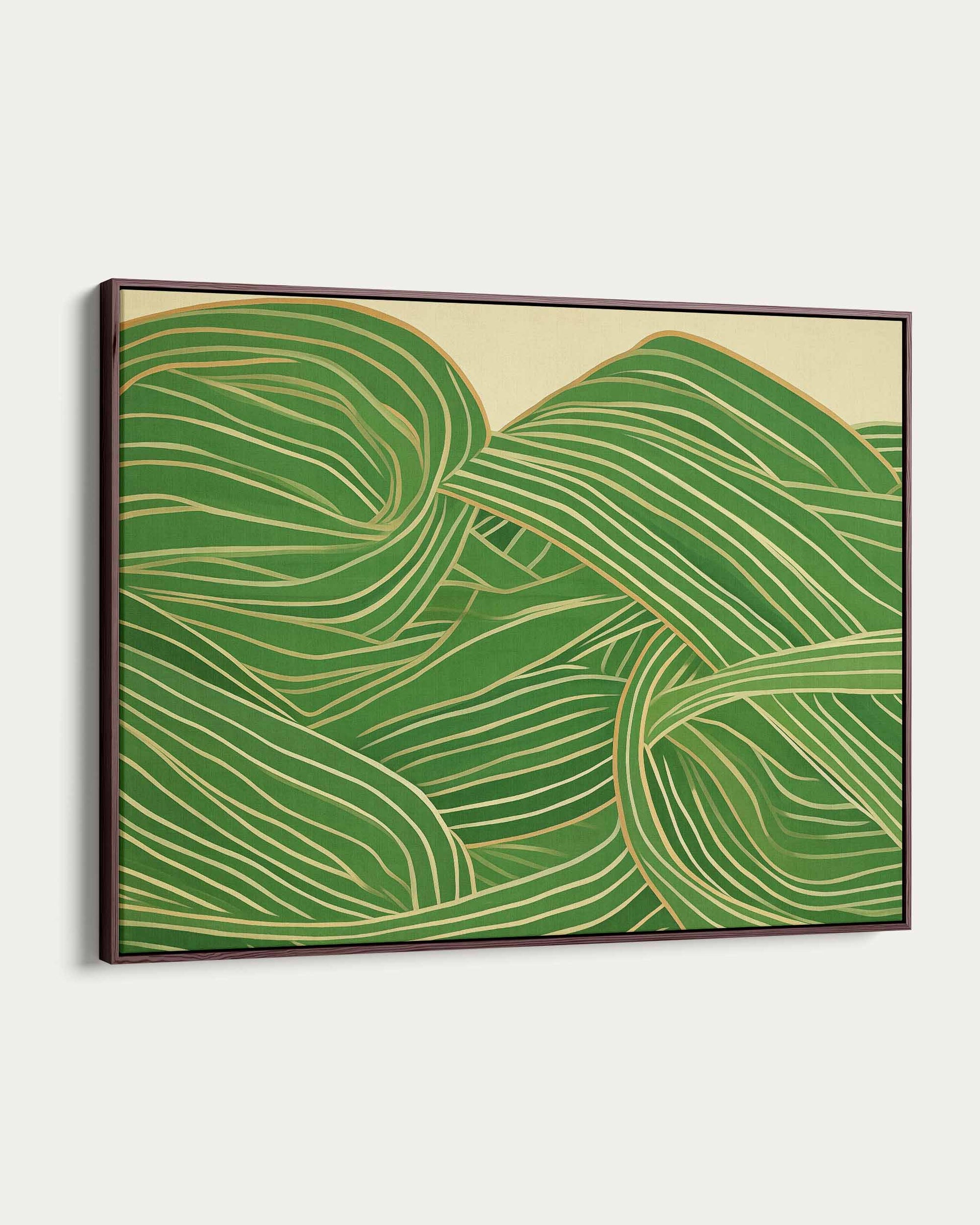 Framed abstract artwork with green and beige wavy lines on a white background