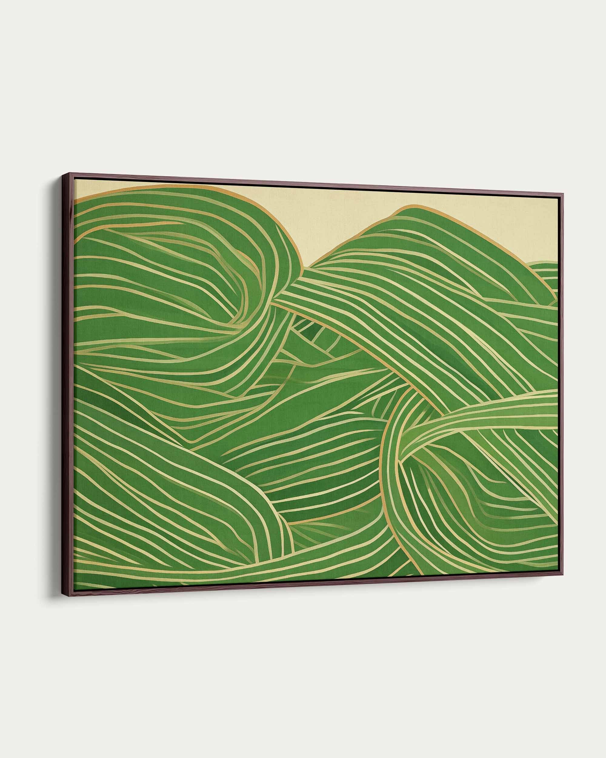 Framed abstract artwork with green and beige wavy lines on a white background