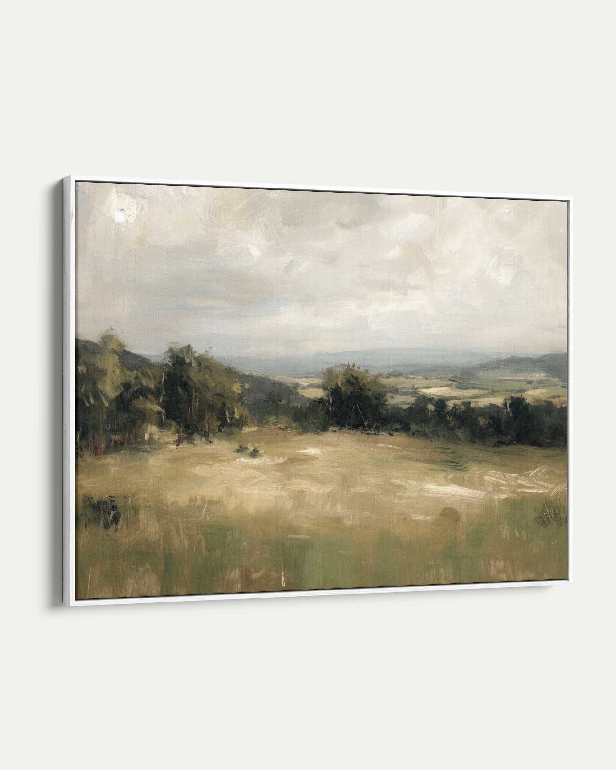 Framed painting of a landscape with fields and trees