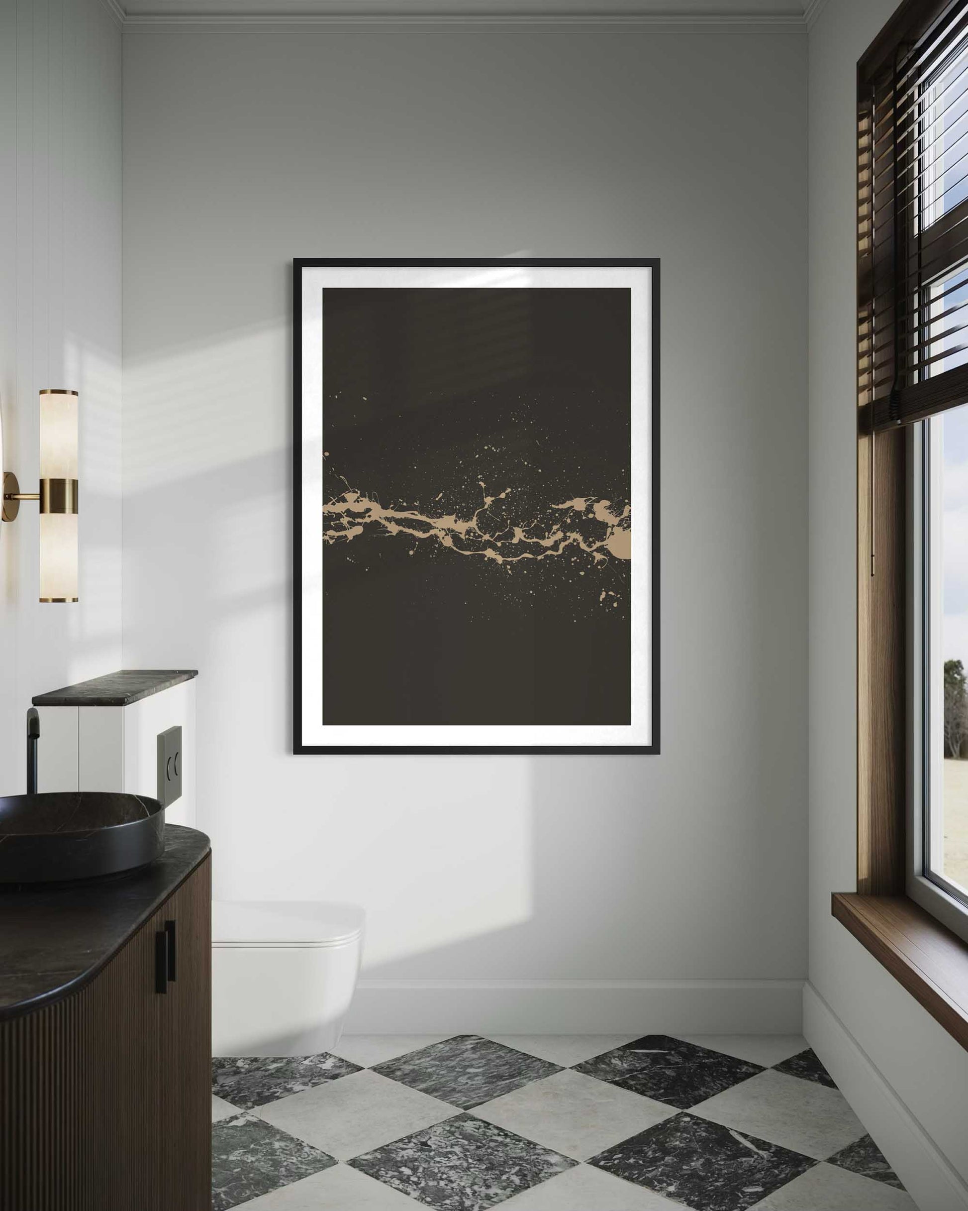 Framed abstract art print on a wall in a modern bathroom.