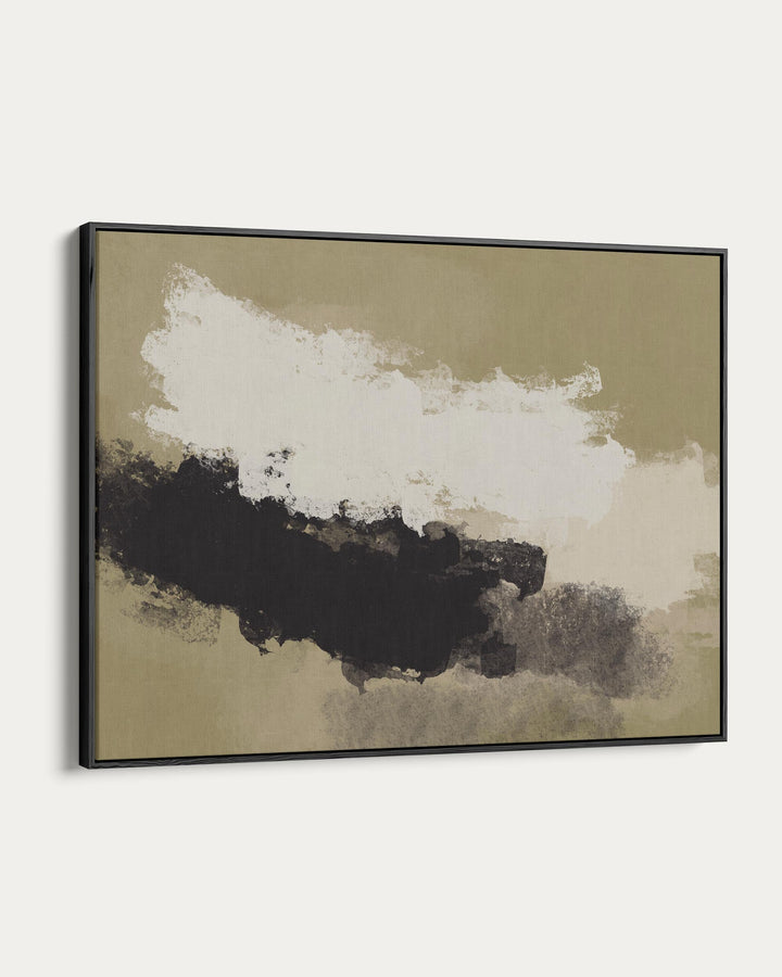 Abstract art piece with black and white brush strokes on a beige background