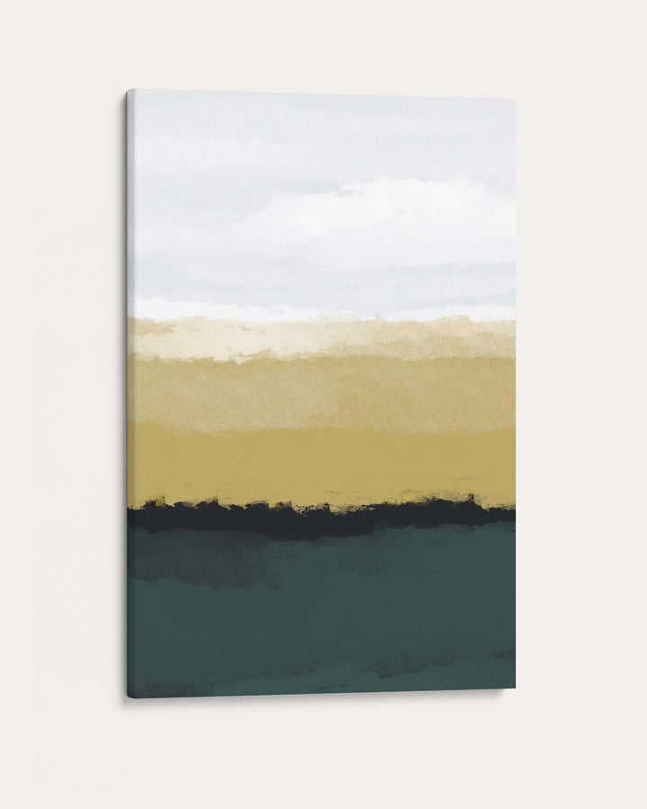 Abstract painting with horizontal stripes of white, beige, and dark green on a light gray background
