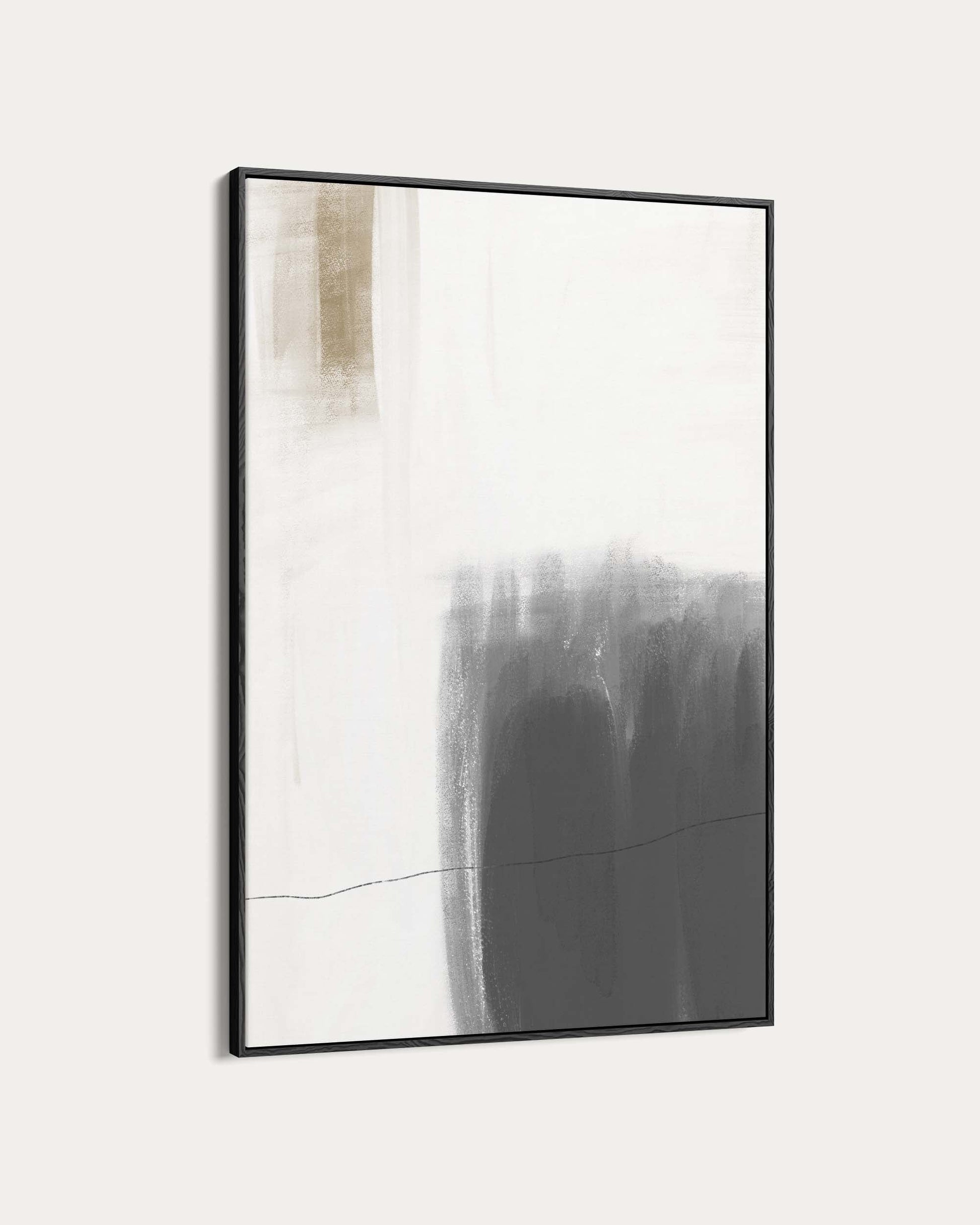 Abstract art piece with black and white colors on a light gray background