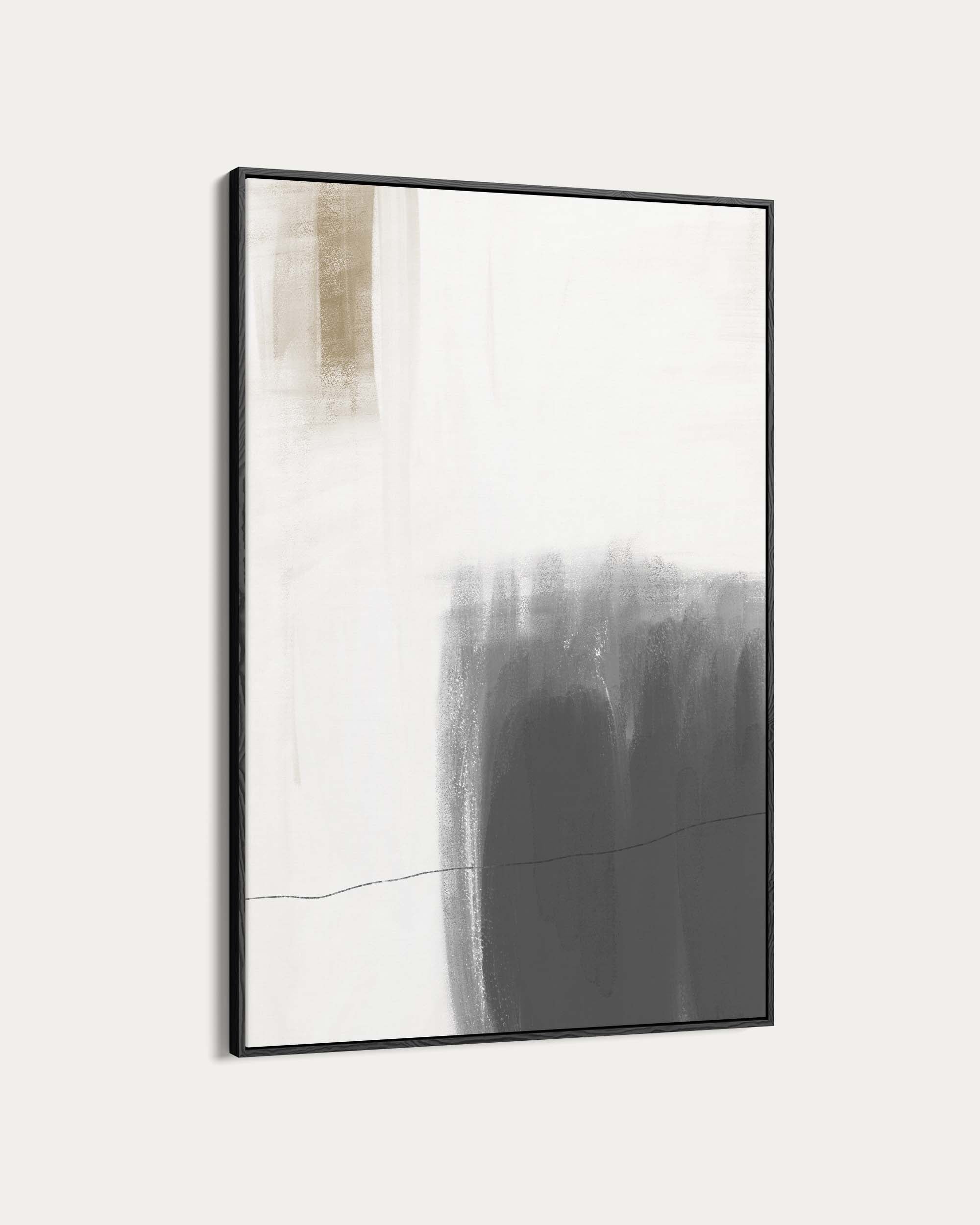 Abstract art piece with black and white colors on a light gray background