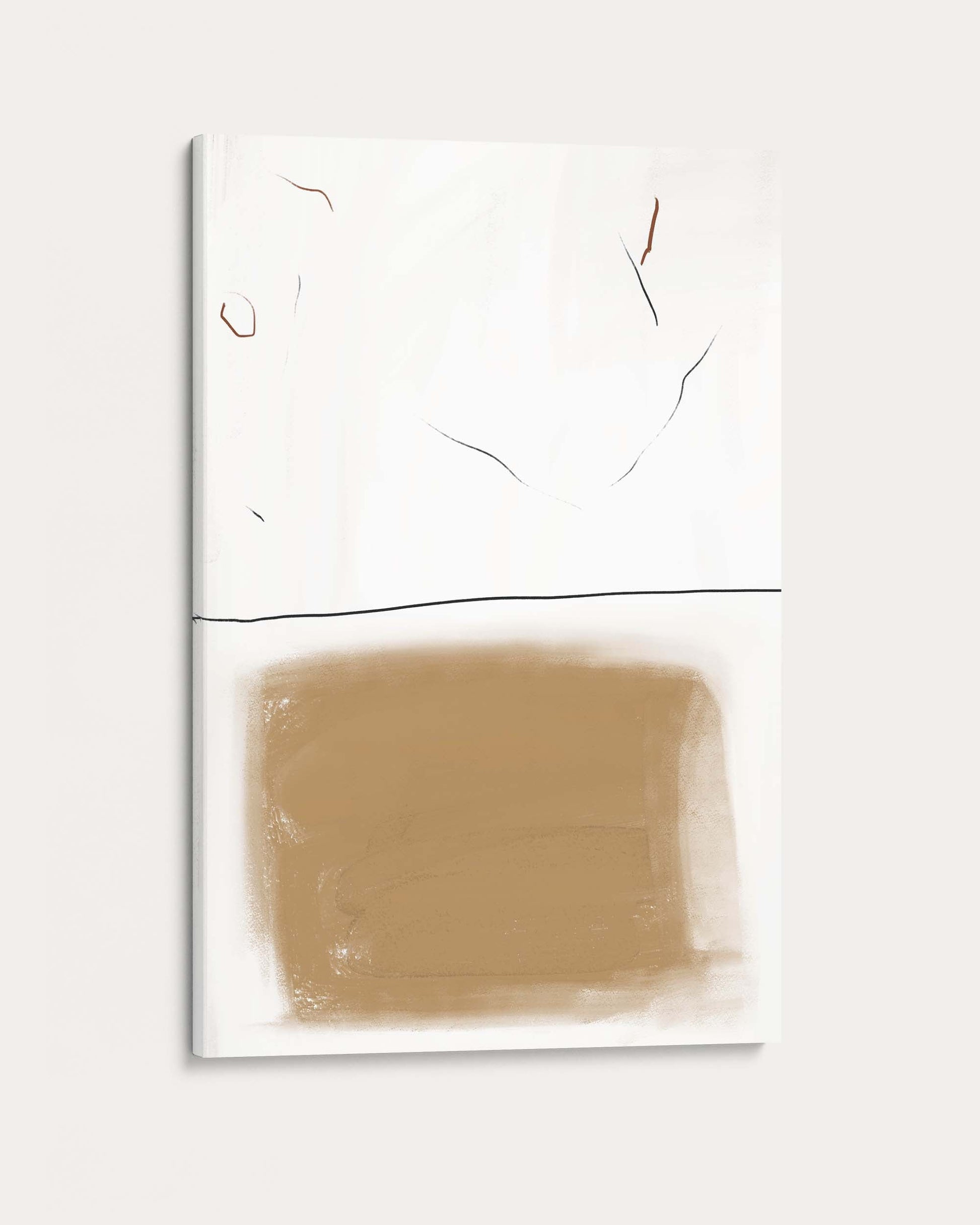 Abstract art piece with a brown square and white background