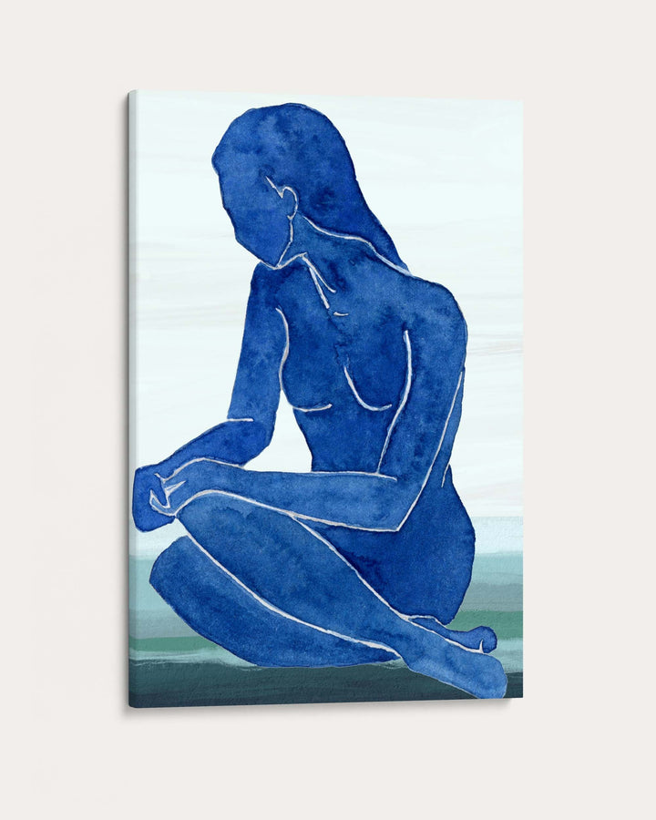 Blue silhouette of a sitting figure on a light blue background