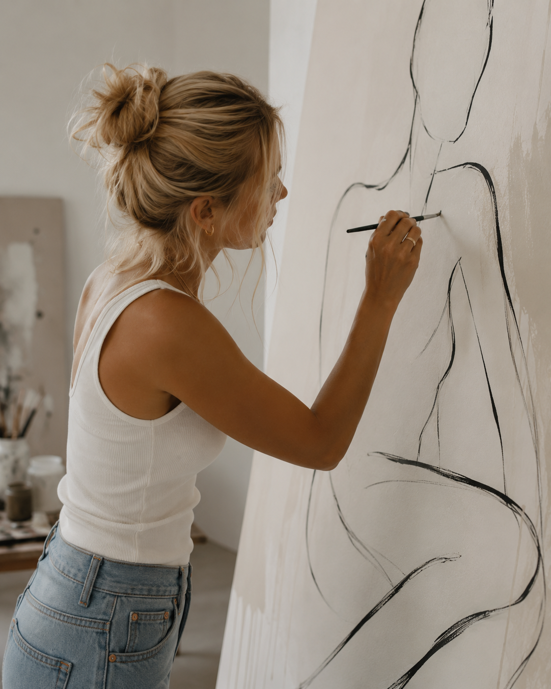 A woman with blonde hair in a bun, wearing a white tank top and light blue jeans, is painting a black line drawing of a female figure on a large white canvas in a brightly lit studio.