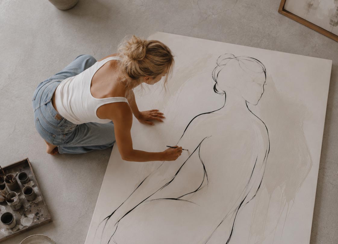 A woman kneels on a concrete floor, drawing a minimalist black line art sketch of a female torso on a large white canvas. A paint palette tray is visible in the bottom-left corner.
