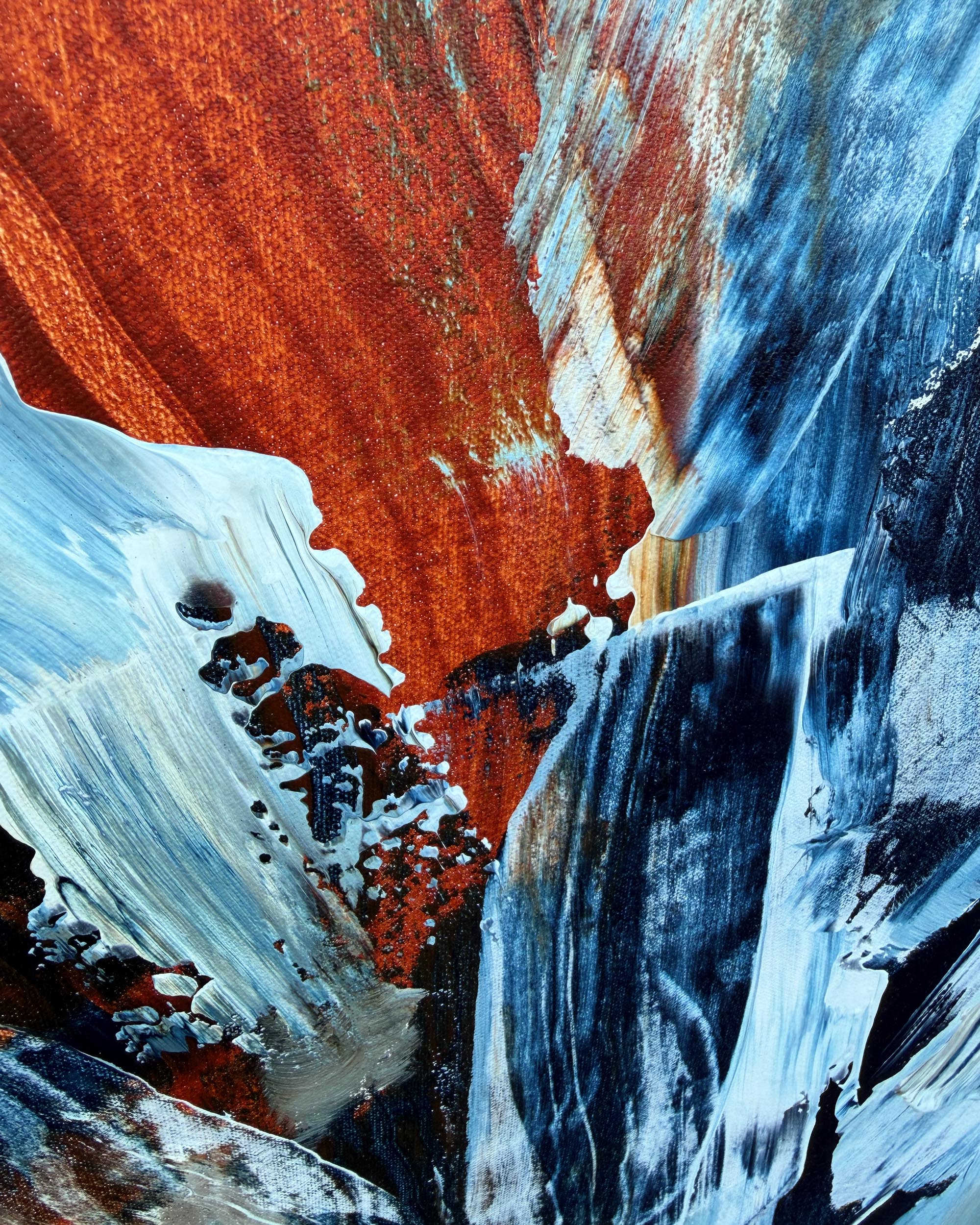 Abstract canyon landscape painting with bold brushstrokes in rust orange, deep blue, white, black, and gray.
