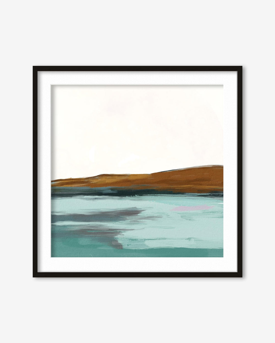 Framed abstract art print with a landscape design on a white wall.