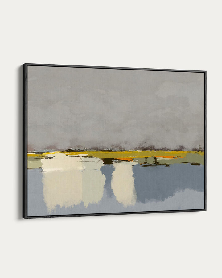 Framed abstract artwork with a landscape scene on a white background