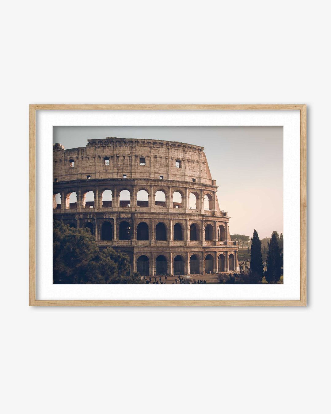 Framed photograph of the Colosseum in Rome with a wooden frame.