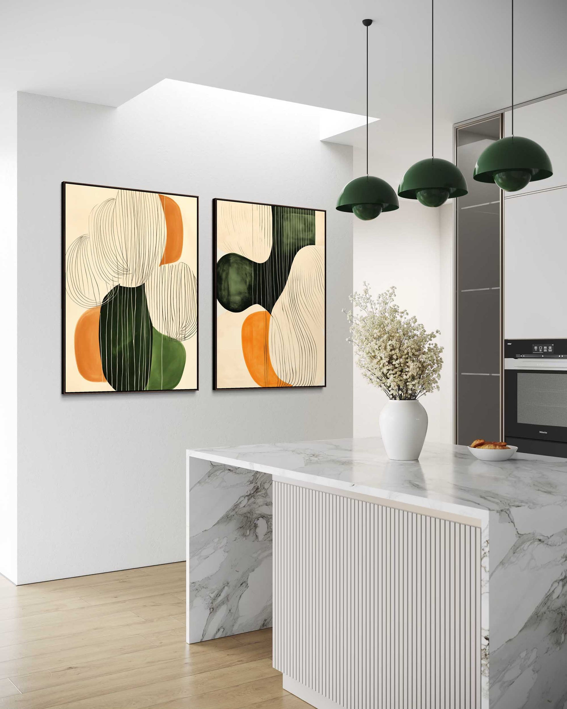 Modern kitchen interior with abstract art on the wall and a marble countertop.