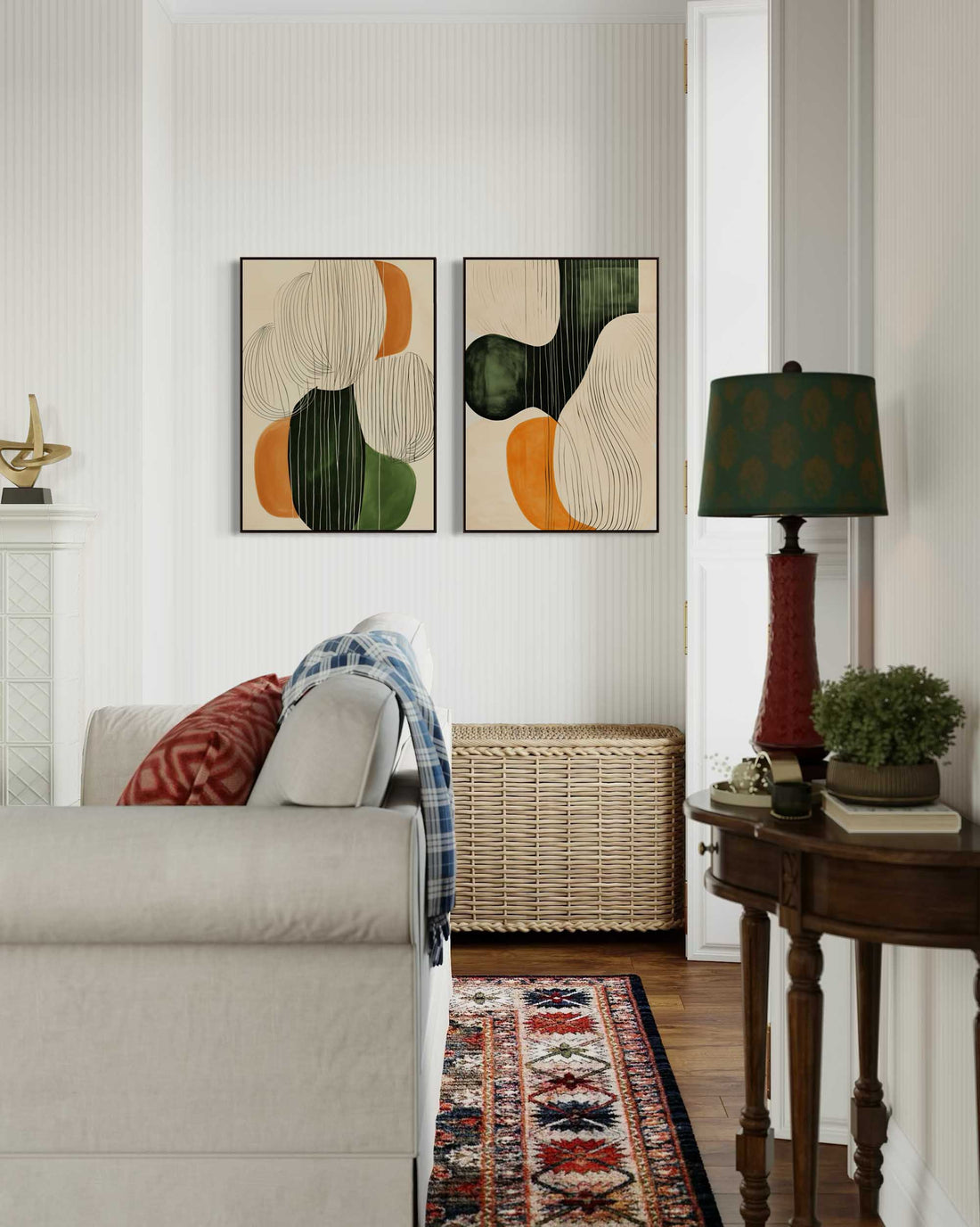 Living room with a sofa, coffee table, and wall art