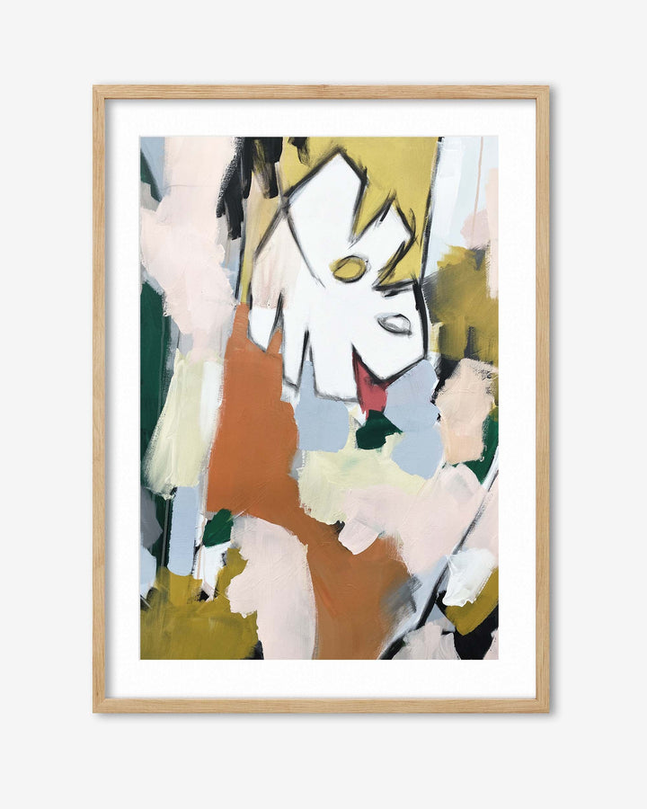 Abstract artwork in a wooden frame on a white background