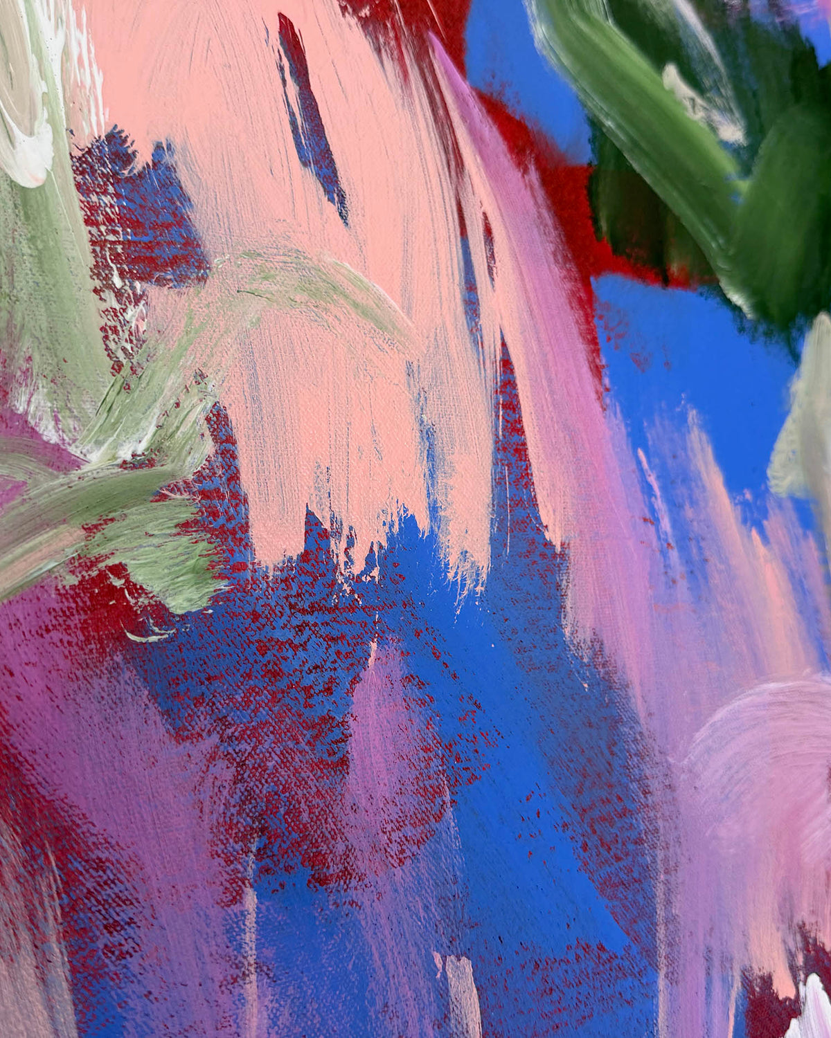Abstract painting with expressive brushstrokes in pink, blue, purple, green, and red.