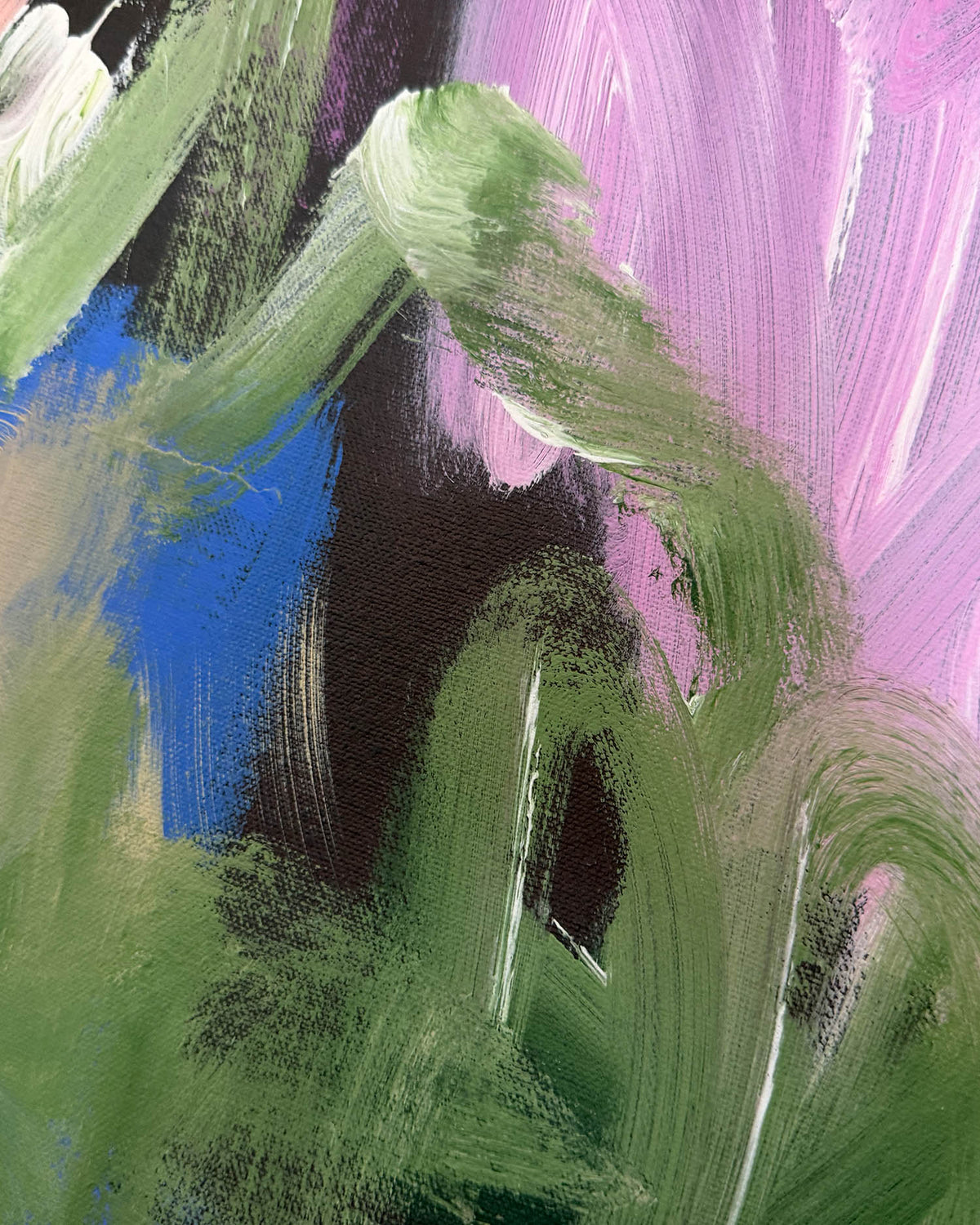 Abstract painting with expressive brushstrokes in green, pink, blue, black, and white.