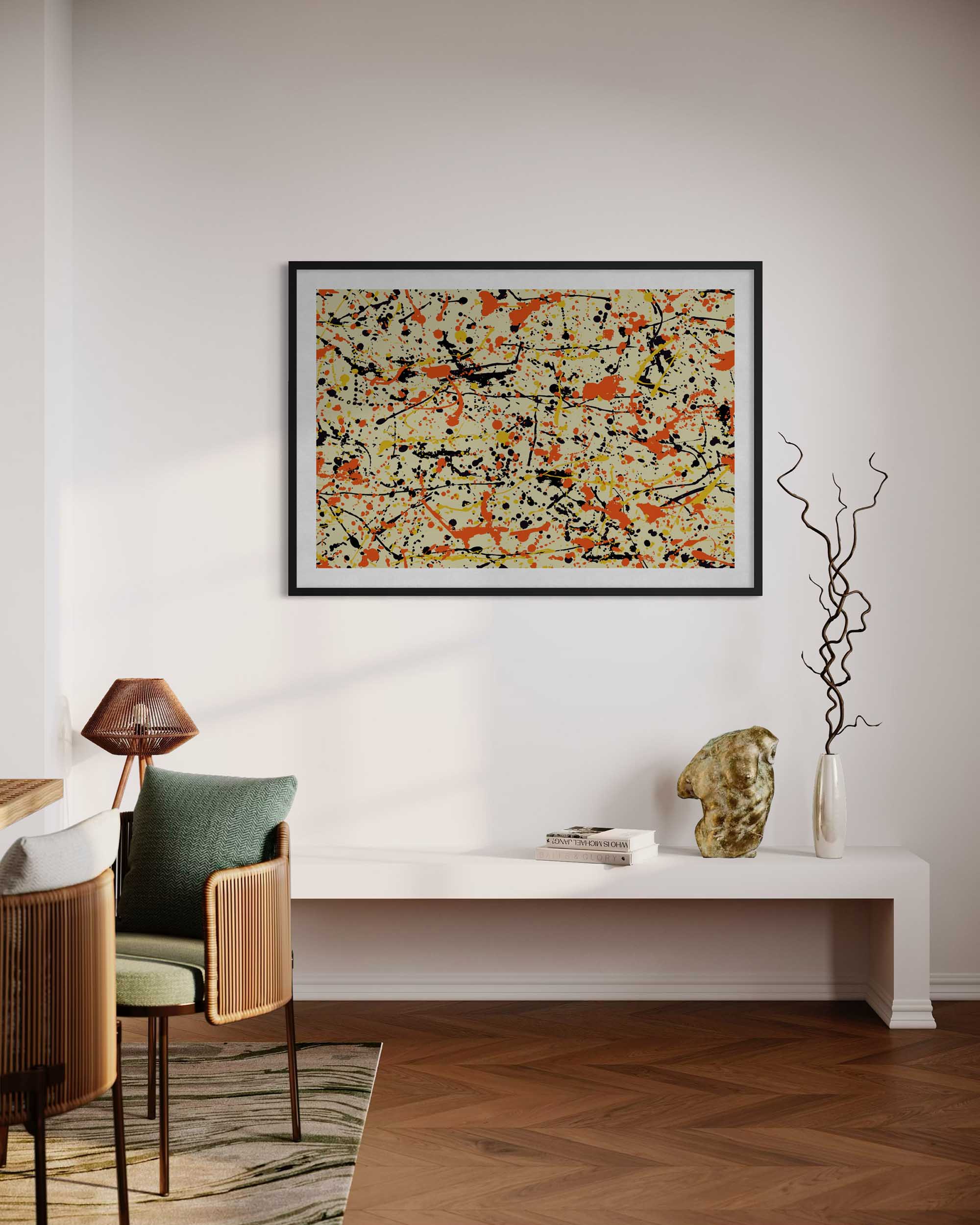 Modern living room with abstract art on the wall, furniture, and decor.