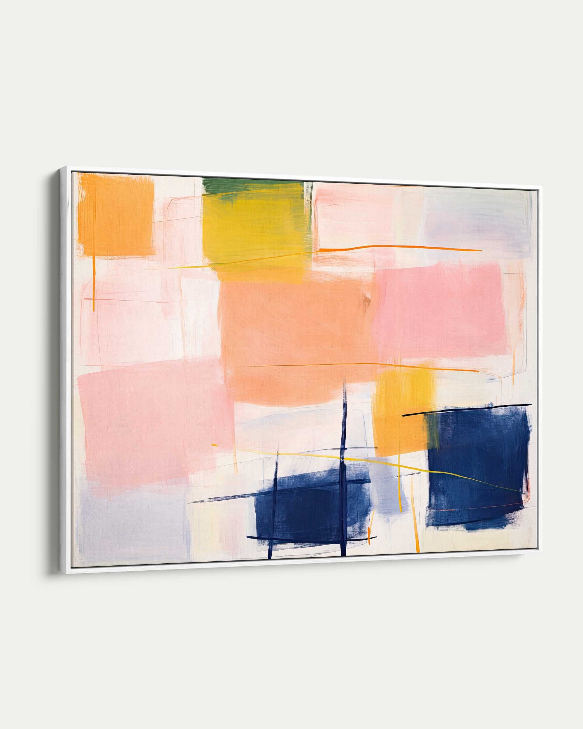 Abstract art painting with colorful squares on a white background