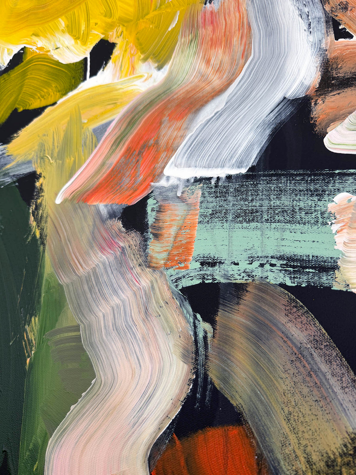 Abstract painting with expressive brushstrokes in yellow, white, coral orange, green, black, and brown, filling the frame.