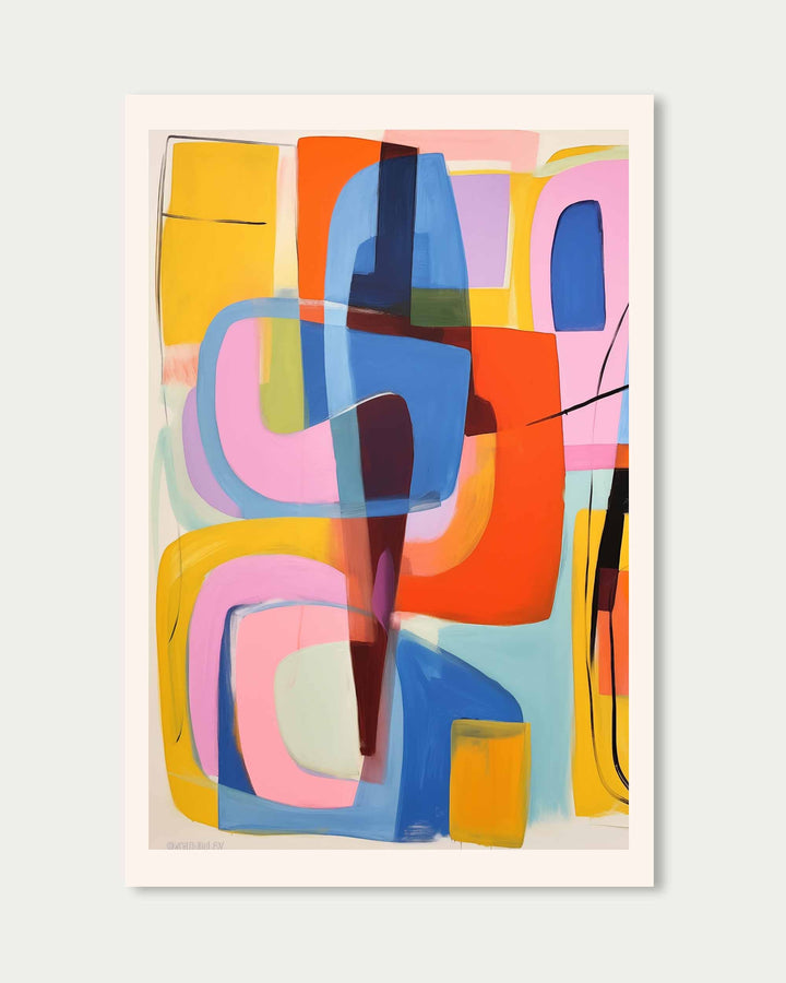 Abstract art print with colorful geometric shapes on a light gray background