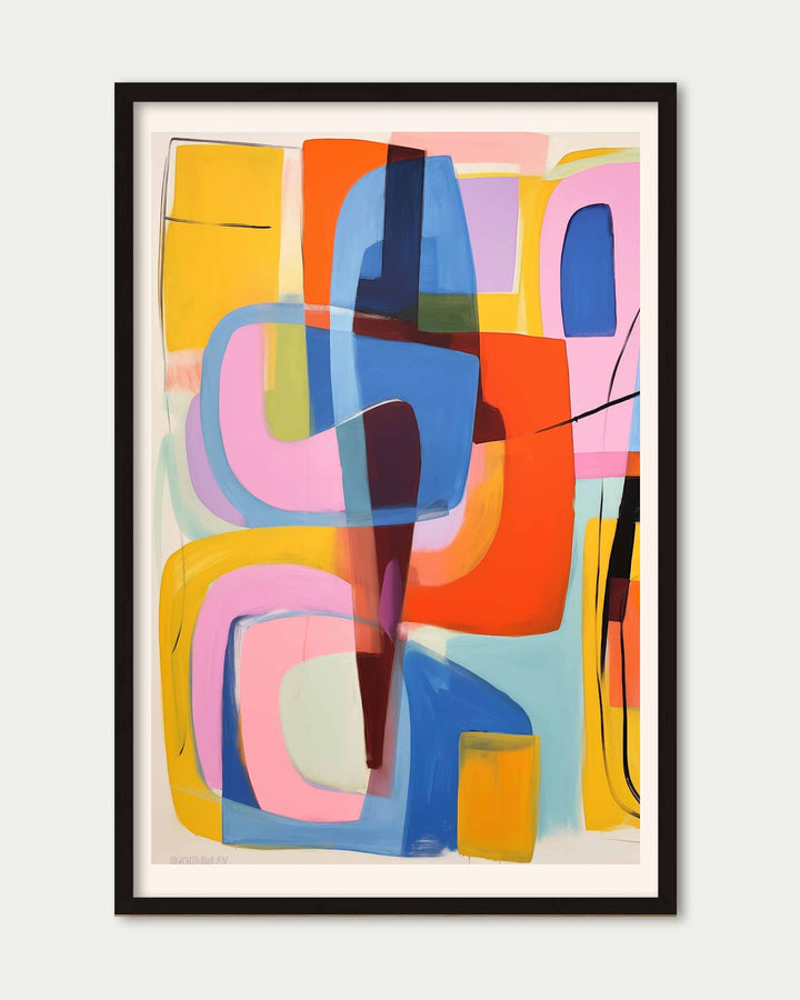 Framed abstract artwork with colorful geometric shapes on a white background