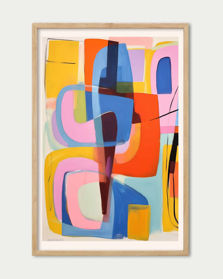 Abstract colorful artwork in a wooden frame on a white wall