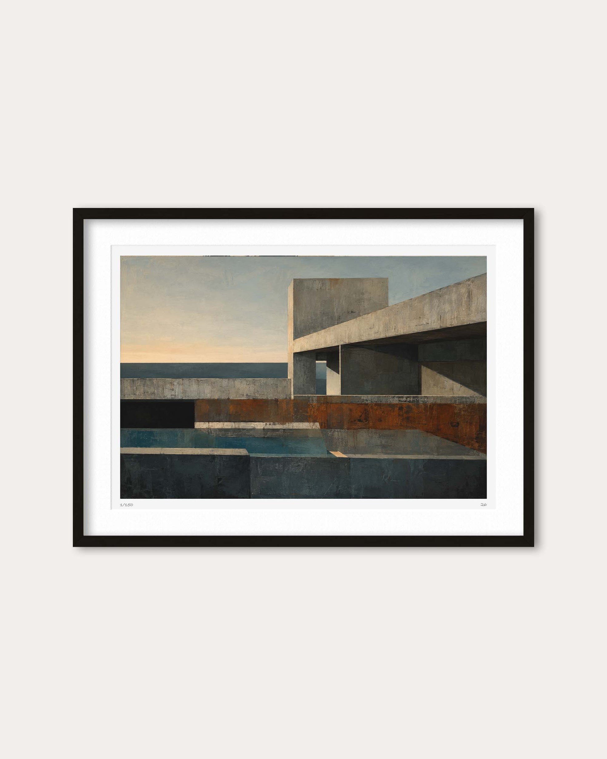 A framed art print featuring a minimalist modernist architectural scene with concrete structures, a pool, and a pale sky, shown against a light beige wall.
