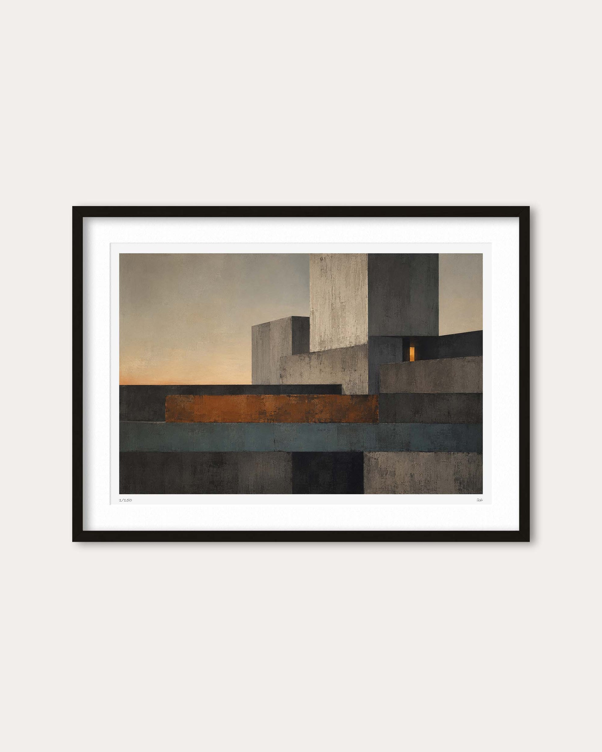 A framed abstract geometric art print featuring gray and brown blocks with a warm orange glow, presented in a black frame with a white mat against a light beige wall.