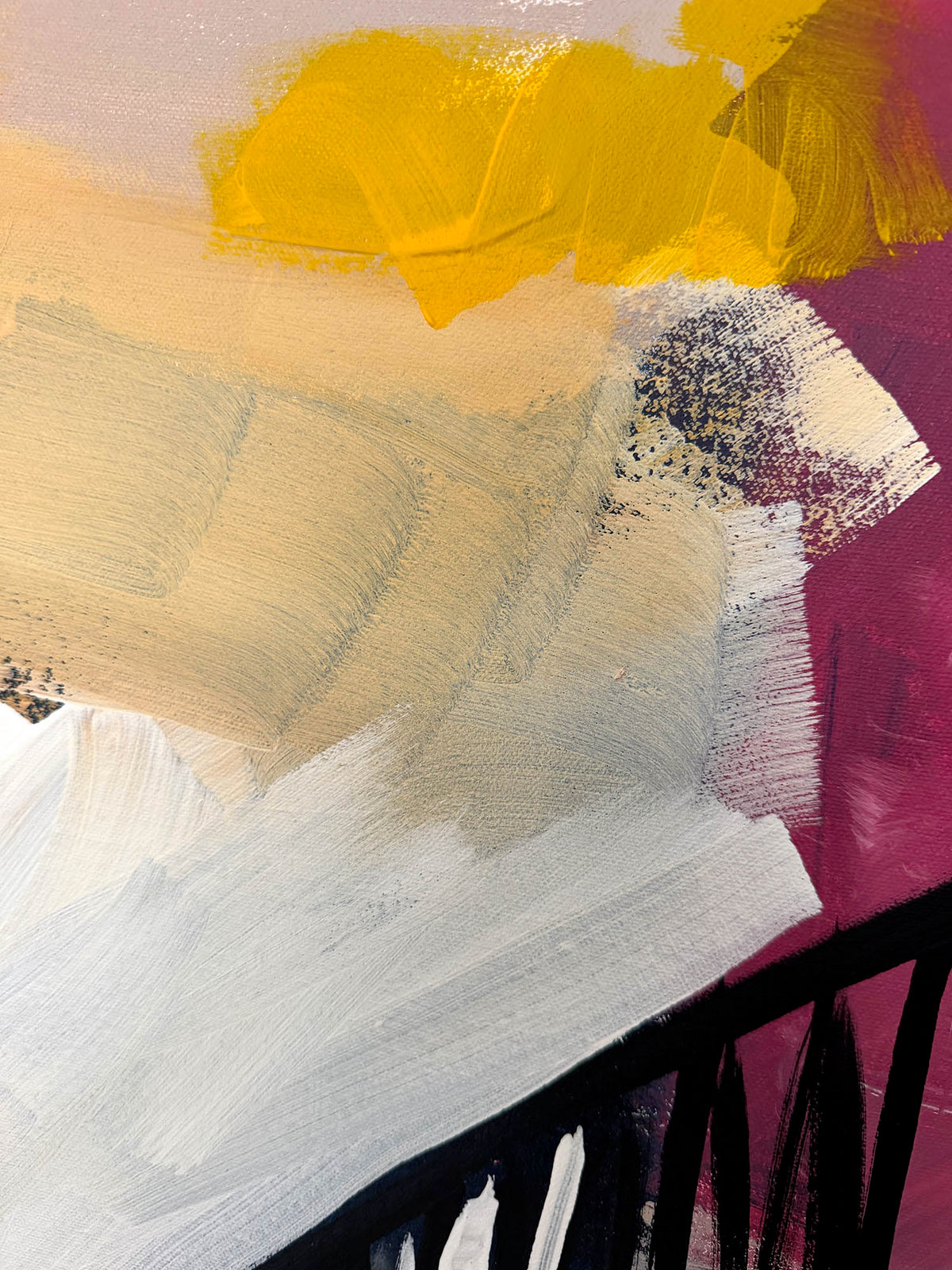 Abstract painting with thick brushstrokes in yellow, beige, white, magenta, and black.